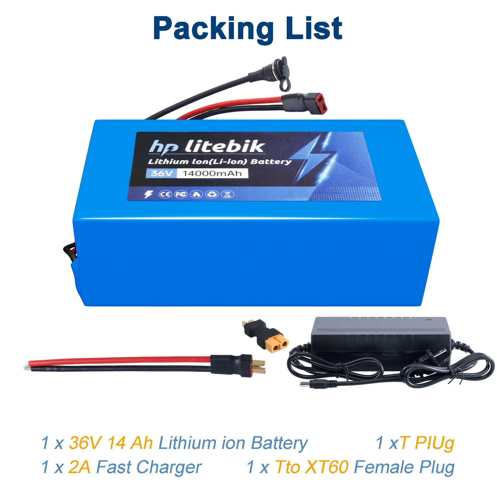 36V electric bicycle lithium battery w/ XT60 Female Plug for Bike 50-1000W Motor