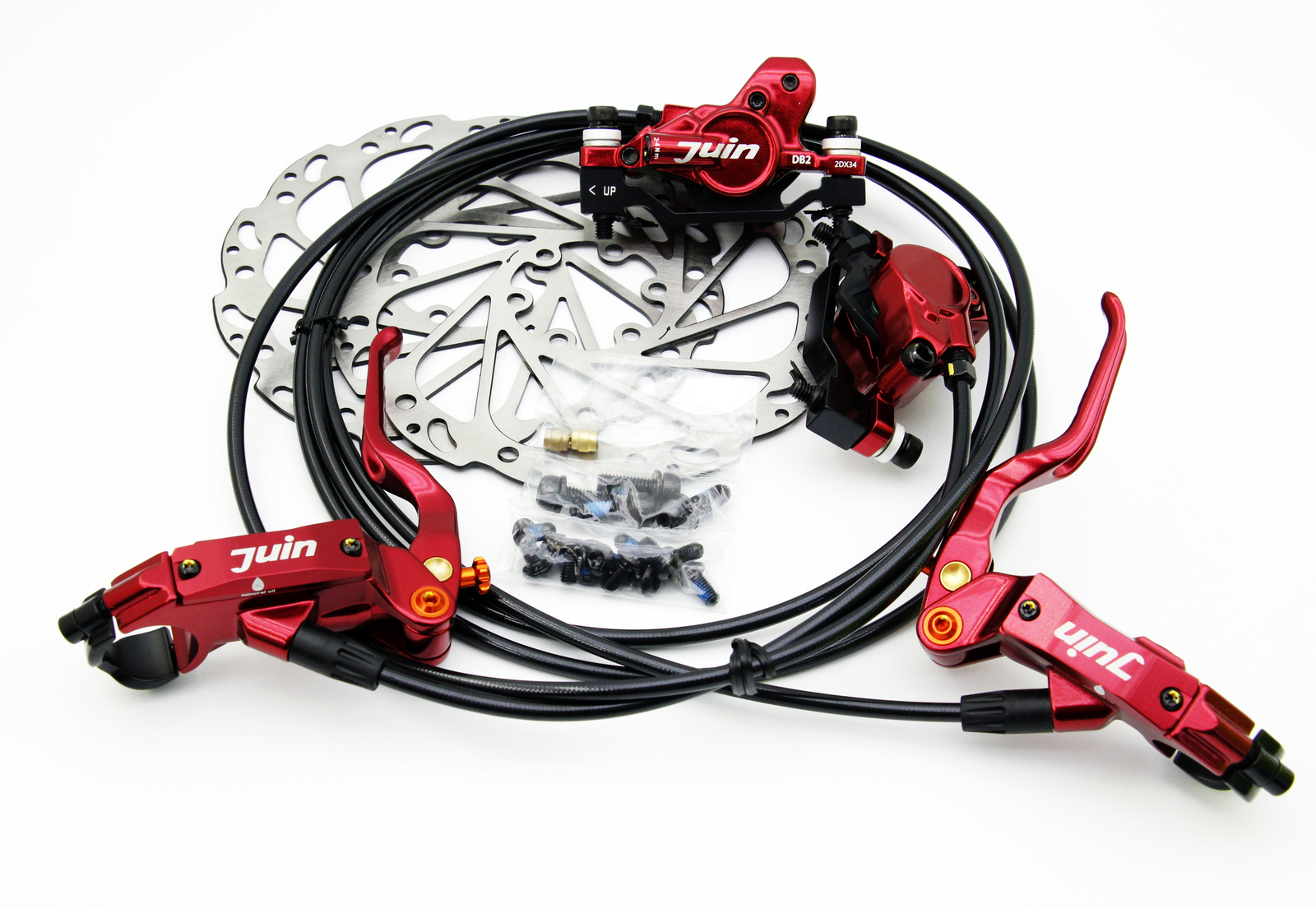 Red Juin Tech DB2 Mountain Bicycle Hydraulic Disc Brakes F/R Set w/ Rotors