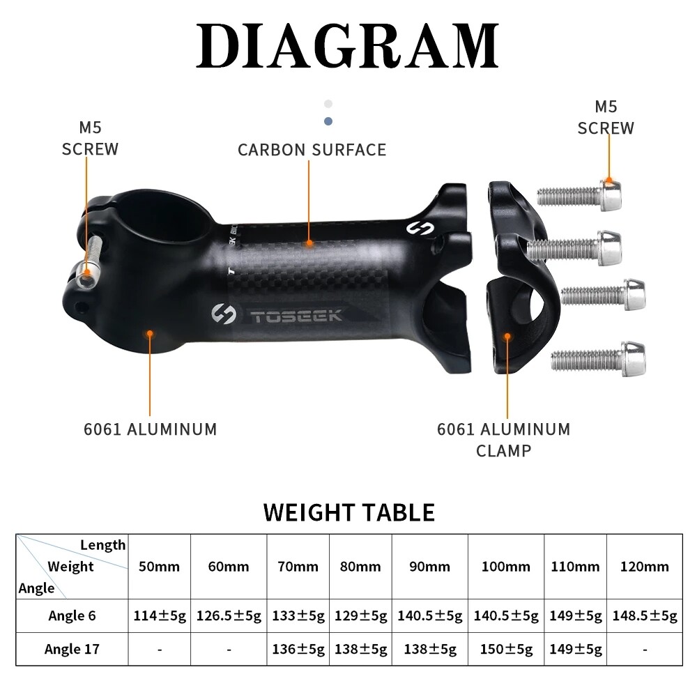 TOSEEK Bicycle MTB Handlebar Stem 28.6-31.8mm Aluminum+Carbon Fiber Stem 6/17°