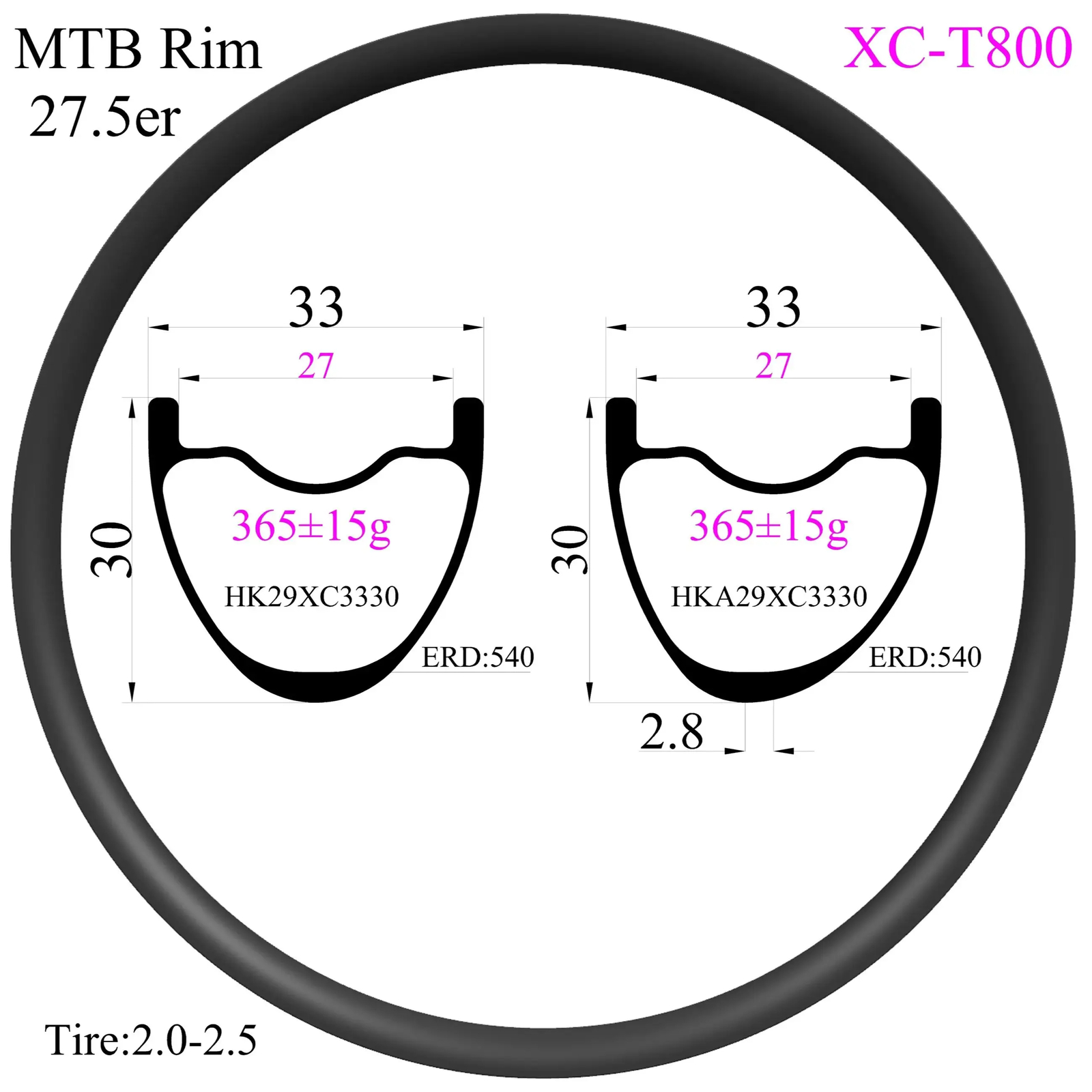 27.5er XC MTB Bicycle Carbon Rims 33mm Width 30mm High Hookless Tubeless