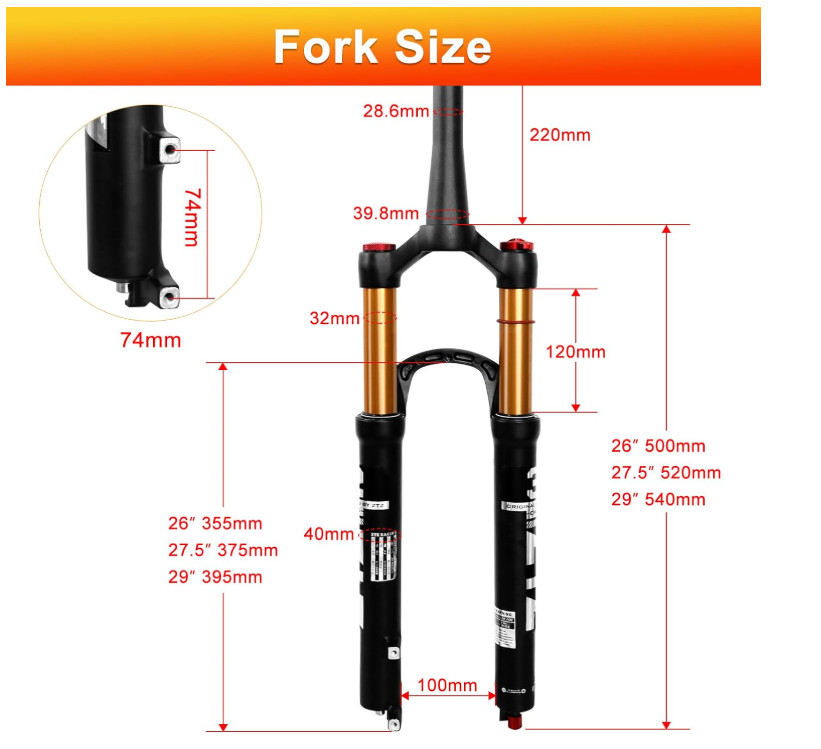 ZTZ 29in MTB Air Suspension Fork, Tapered Tube, 120mm Travel, 9mm QR