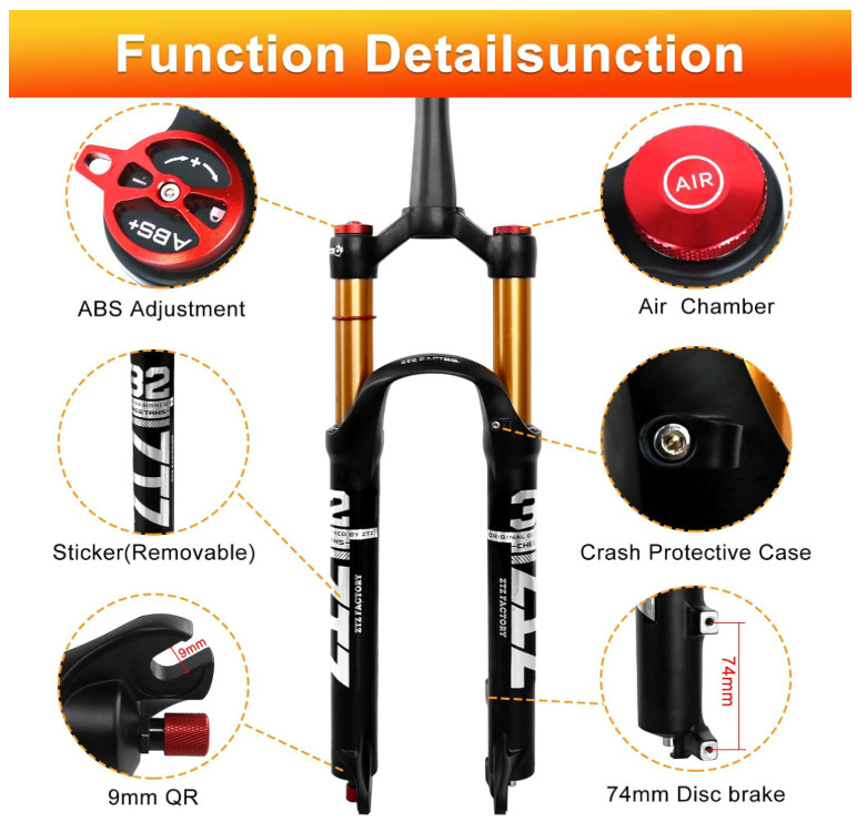 ZTZ 29in MTB Air Suspension Fork, Tapered Tube, 120mm Travel, 9mm QR
