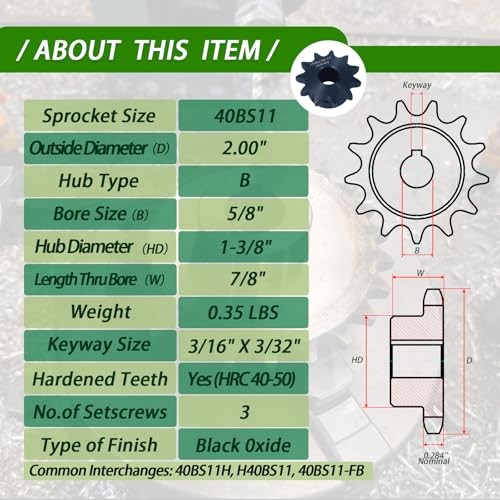 #40 Roller Chain Sprocket 11 Tooth 5/8″ Bore (3/16″ 11 teeth 5/8″ in bore