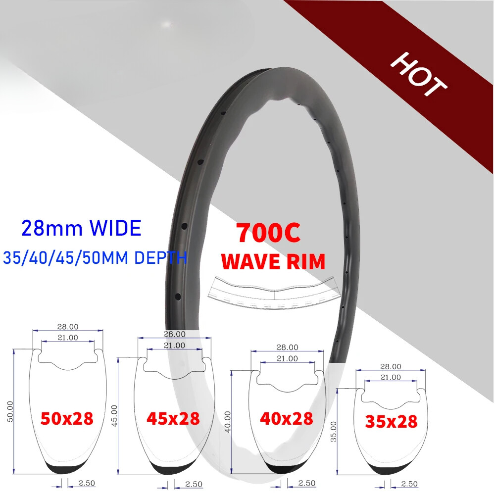 700C Gravel Bike Carbon Rim 24Holes 28mm Width 35-50mm Depth Clincher Tubeless
