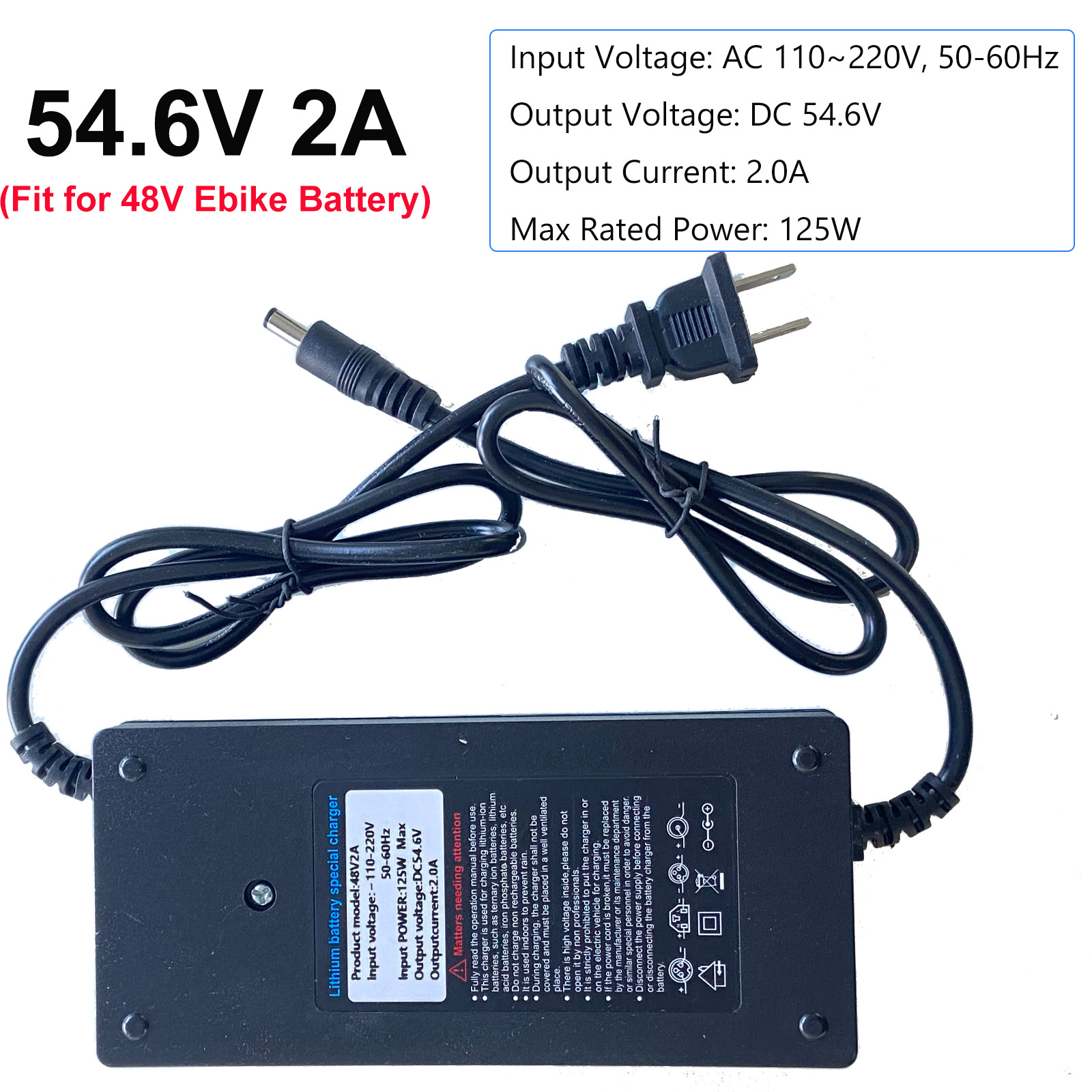 54.6V 2A Smart Charger DC 5.5×2.1mm Plug for 48V Lithium Li-ion Battery Charger
