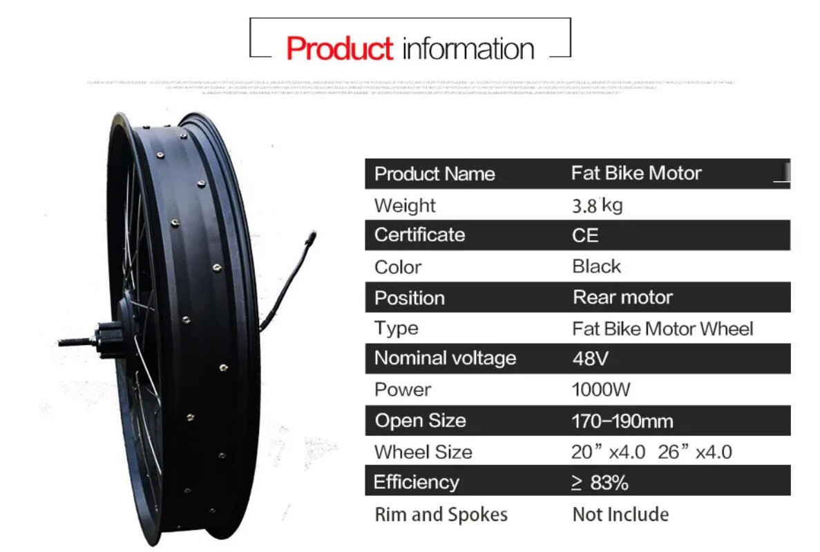 20 24 26» Snow Electric Bike Conversion Kit 48V 1000W Fat Tire Rear Hub Motor
