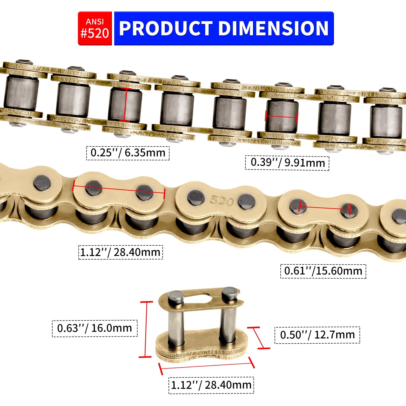 Belleone 520 Gold Motorcycle Chain 112 Links with Breaker, 520 112Link