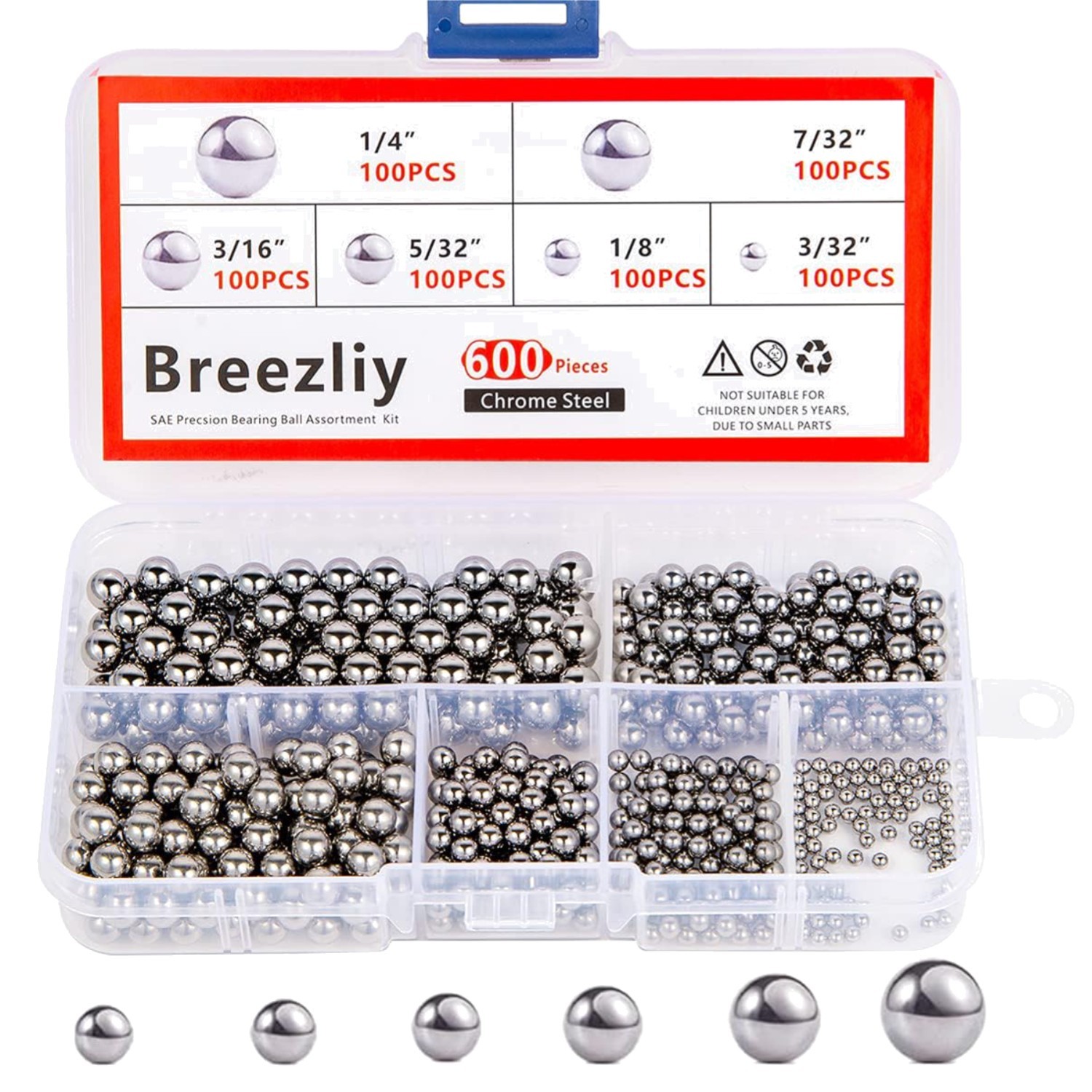 600 Piece Assorted Bicycle Bearing Balls 1/4″ 7/32″ 3/16″ 5/32″ 1/8″ 3/32″
