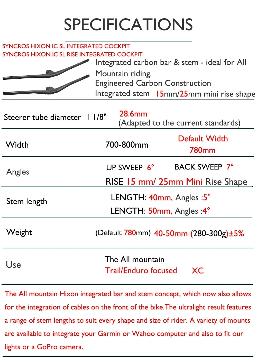 SYNCROS Carbon Integrated MTB Handlebar 4°/5°,15/25mm Rise for Sparks Frame