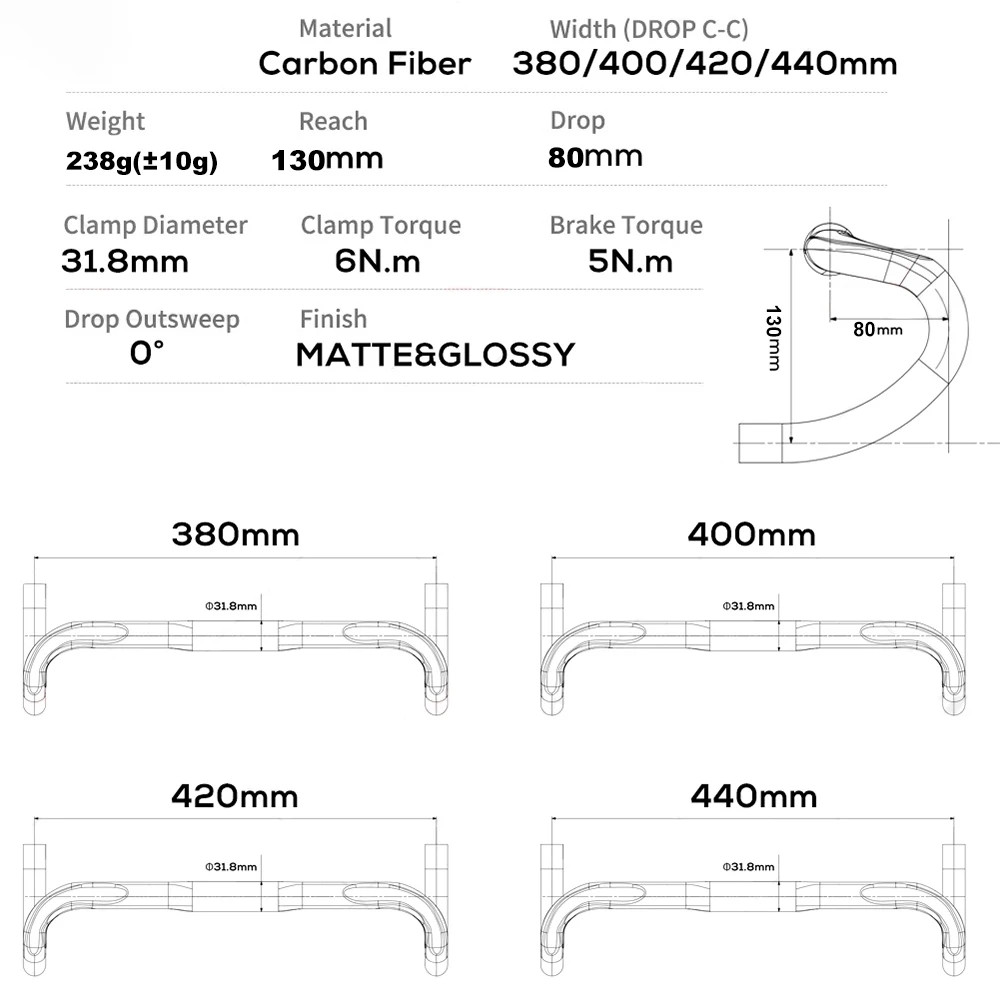 3K Full Carbon Fibre Road Bike Handlebar 31.8*380/400/420/440mm Bike Parts