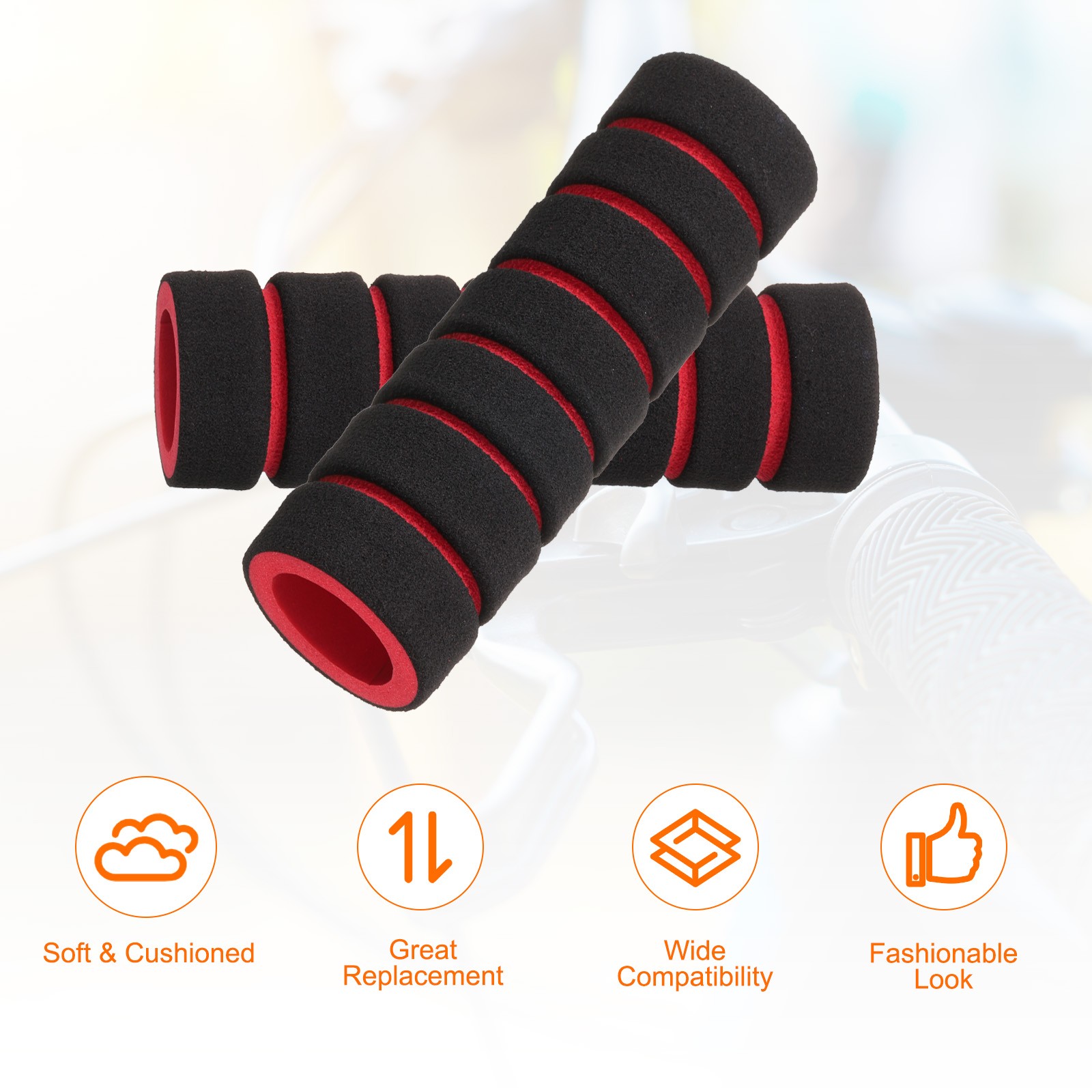 2 Pcs Bike Handlebar Grips 0.78″ Sponge for BMX Mountain Bikes, Black-Red
