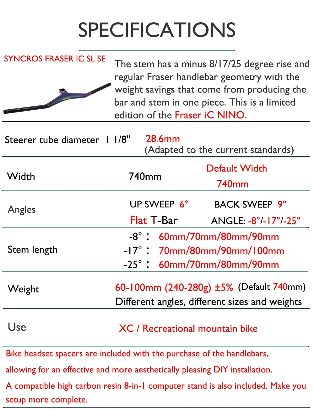 Integrated Cockpit 8°/17°/25° with Computer Mount MTB XC One-piece Handlebar