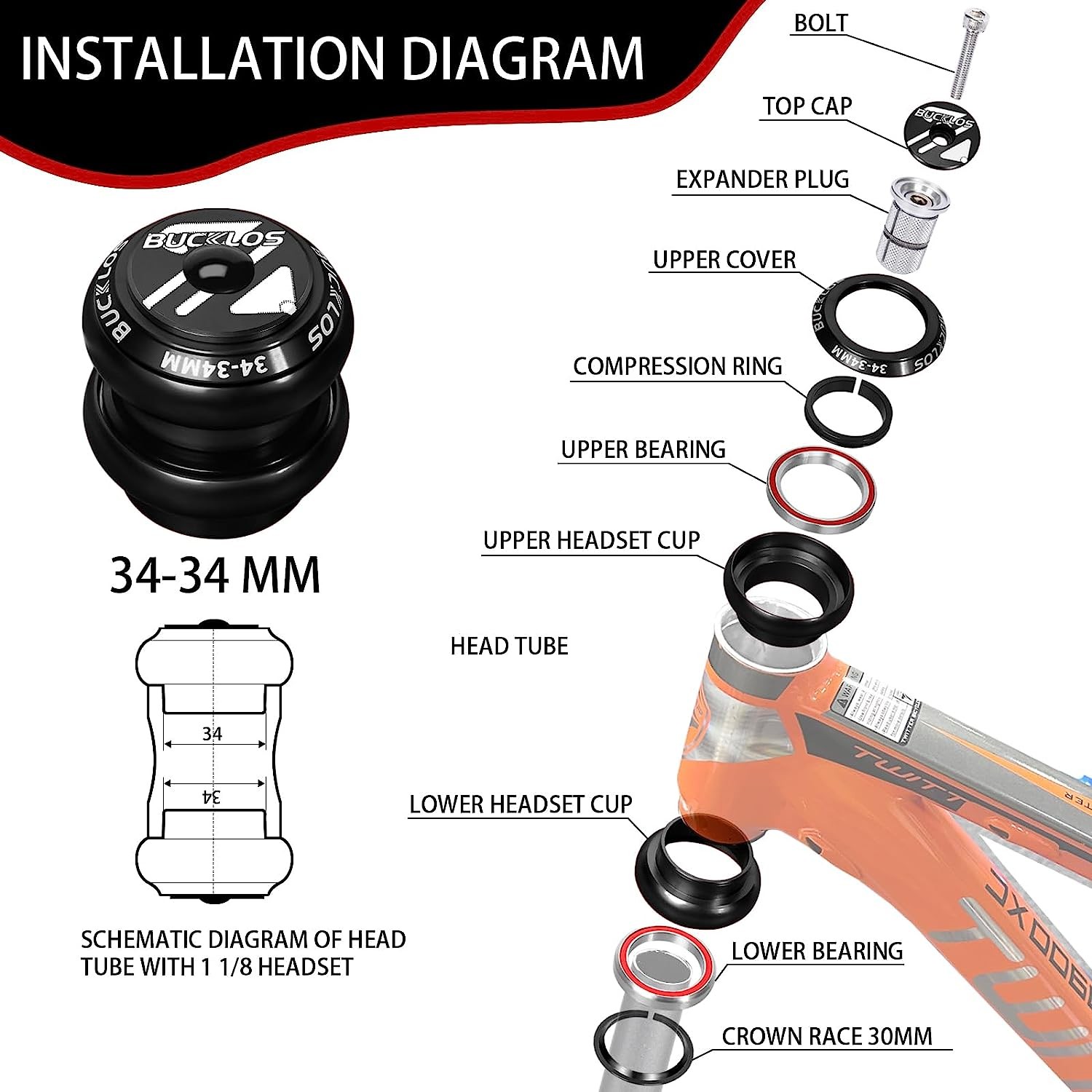 34/44/44-56mm 1-1/8″ Threadless MTB Road Bike Bicycle Sealed Bearing Headset Set