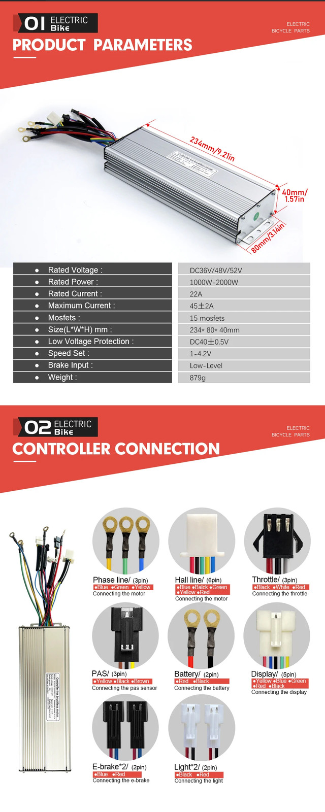E-bike Sine Wave Controller 36V/48V/52V 45A for Electric Bike Conversion Kit