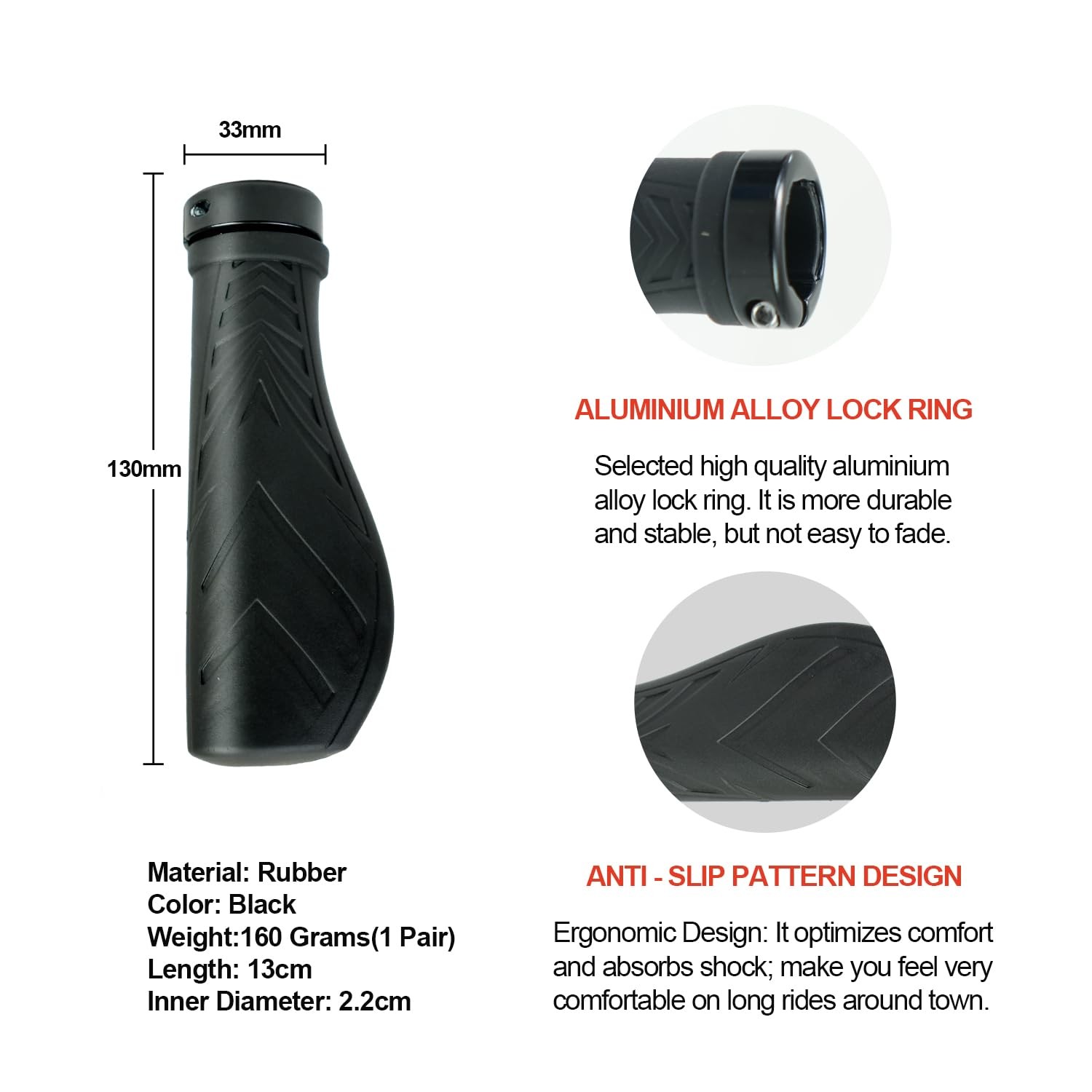 Ergonomic Bike Handlebar Grips G124BL, LockOn Bicycle Handle Grips with Alumi…