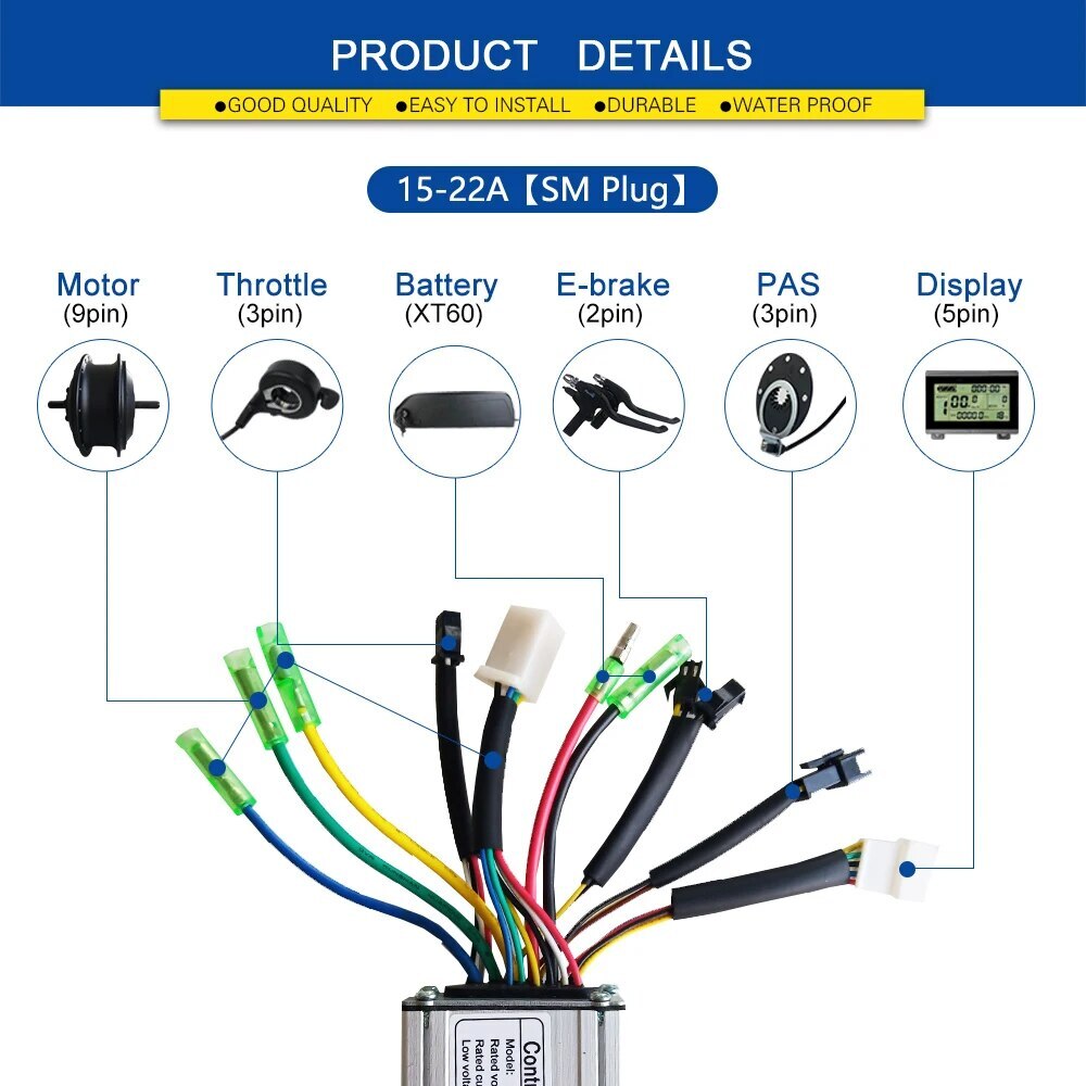 E-bike Brushless Controller SM Connector Squarewave 24V 36V 48V 250W-1500W