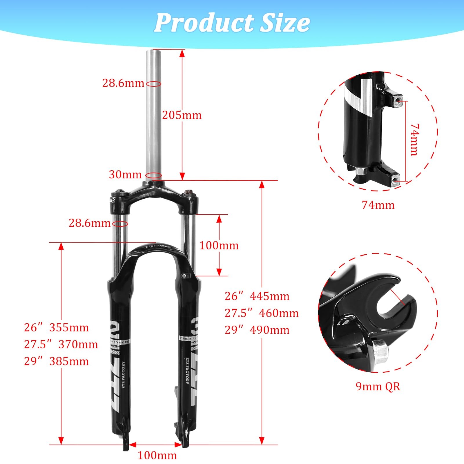 26″/27.5″/29″ MTB Suspension Fork,100mm Travel, 9mm QR,100mm Spacing Hub,28.6…