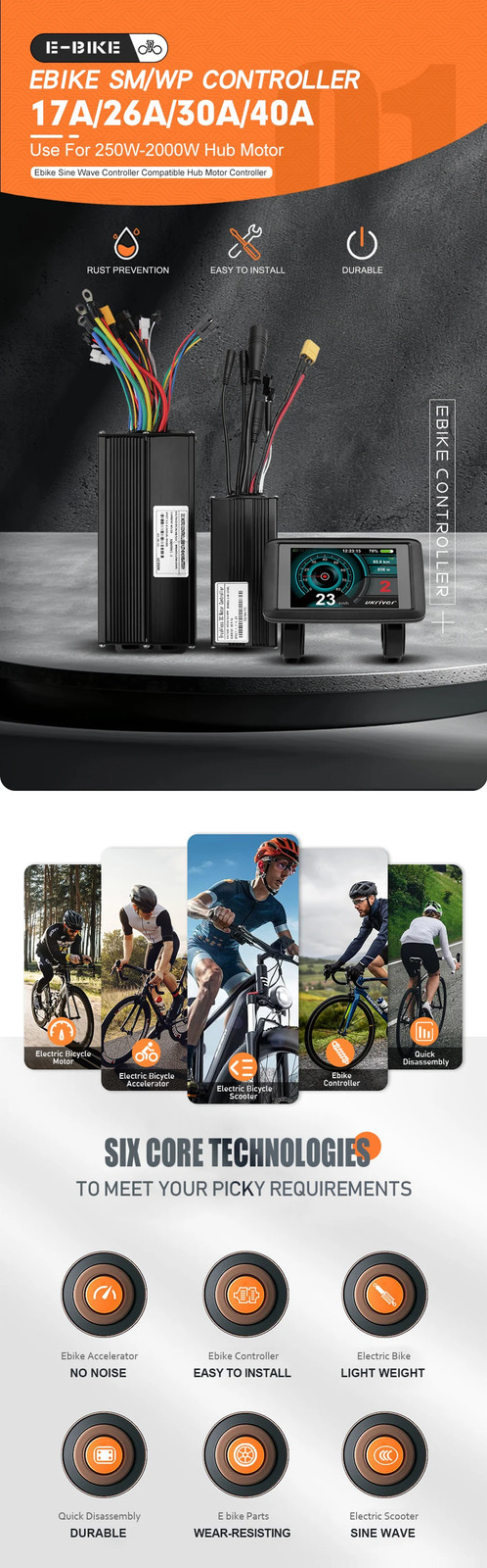 E-bike Sine Wave 3 Mode Controller 17A 26A 30A 40A with Color UKC1 Display