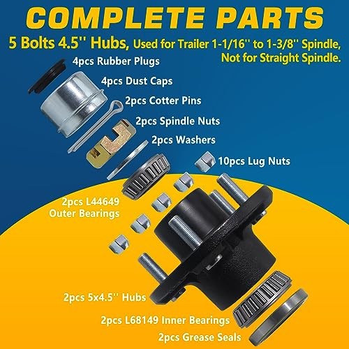 2Sets Trailer Hub Kits 5 on 4.5 for 3500 lbs 1-1/16» to 1-3/8» Tapered Axle,