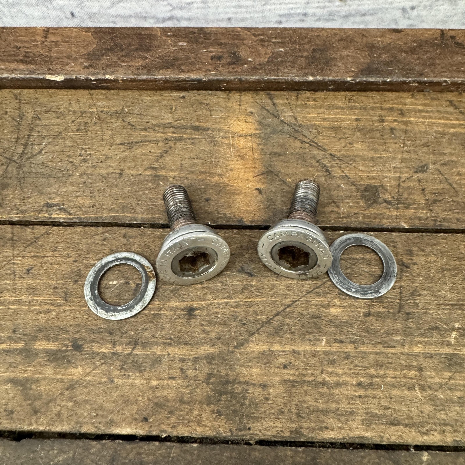 Vintage Campagnolo Crank Arm Fixing Bolts Pair Made in Italy Hex Allen Washers
