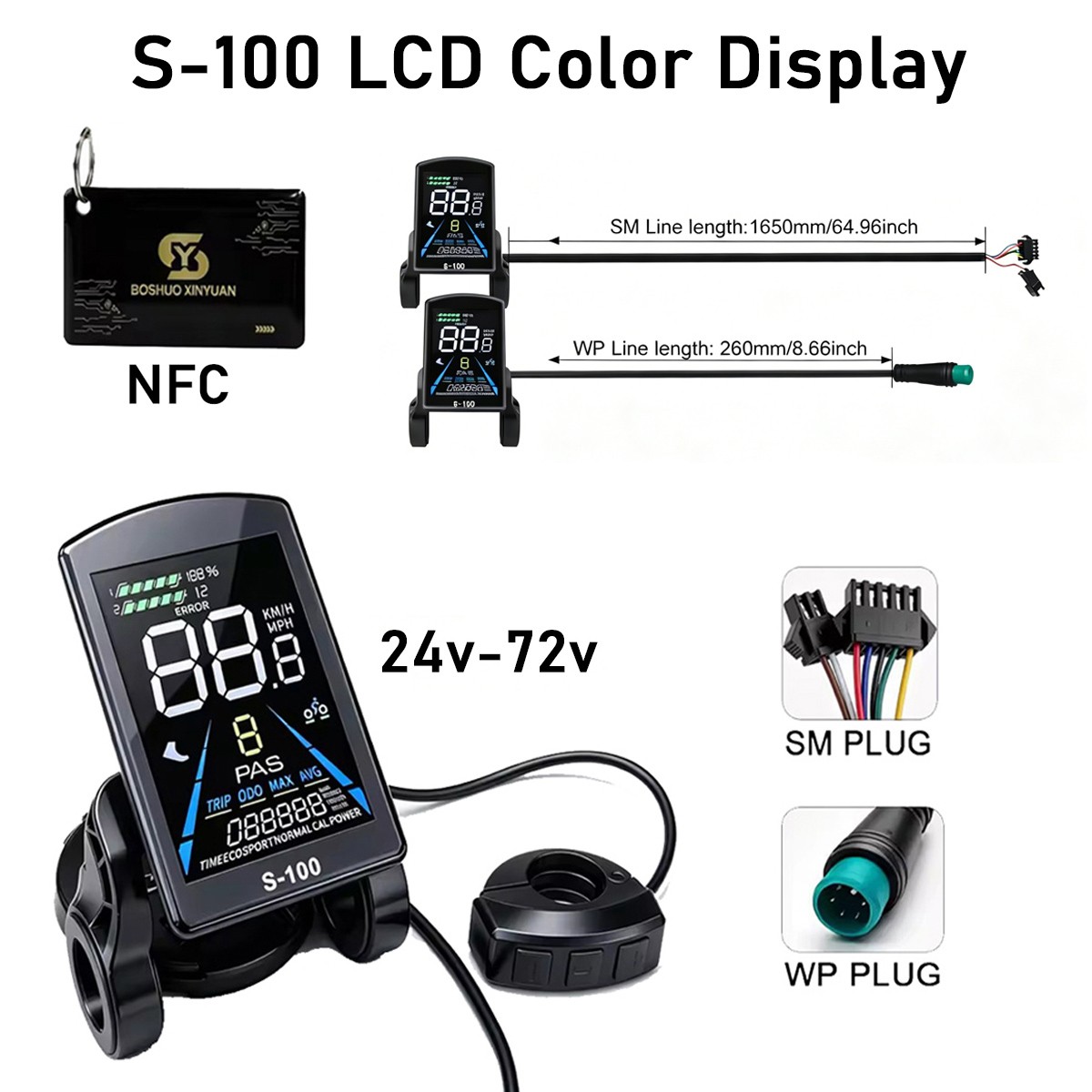 E-Bike LCD Display 24V-72V UART NFC Power Speed Meter Control Panel FS