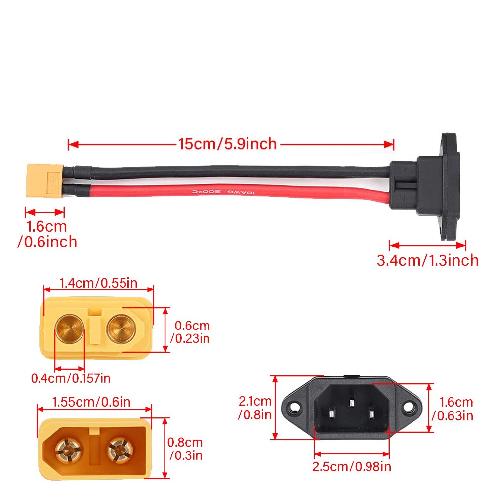 XT60/XT90 to C14 3pin Power Socket Wire 10AWG Male Female E-bike Charging Cable
