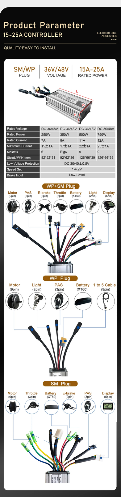 Electric Bike 36V/48V 15A-50A Squarewave/Sinewave Controller with Light Function