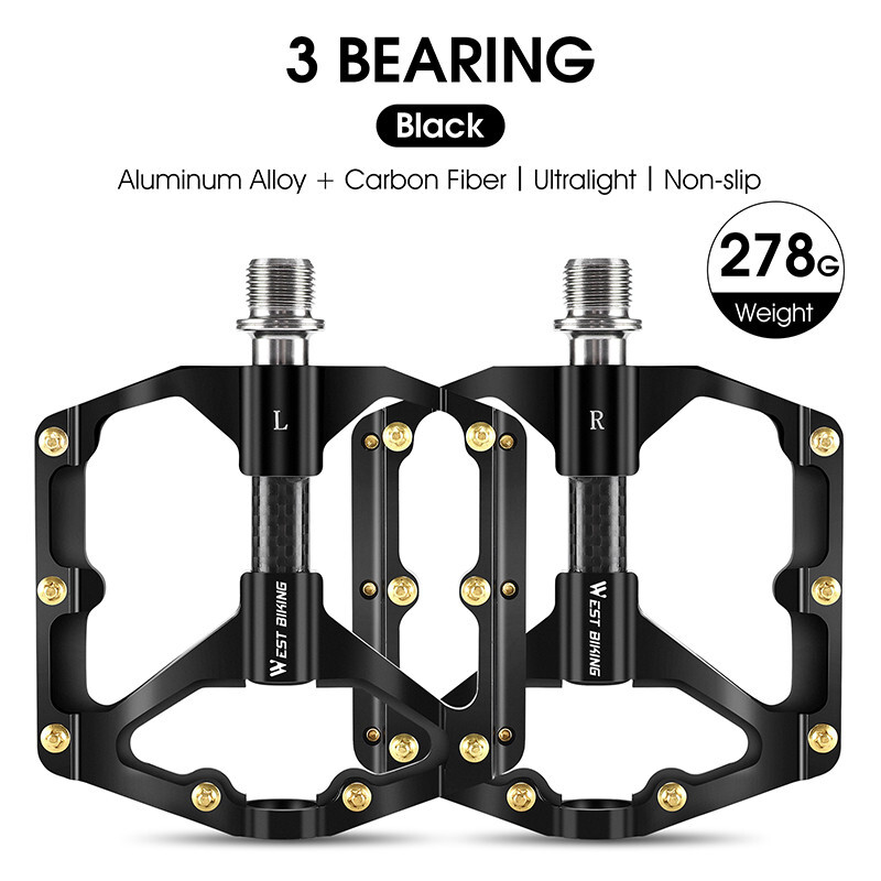 WEST BIKING Bike Pedals Carbon Fiber Axle 3 Bearing Bicycle Pedals Black a Pair