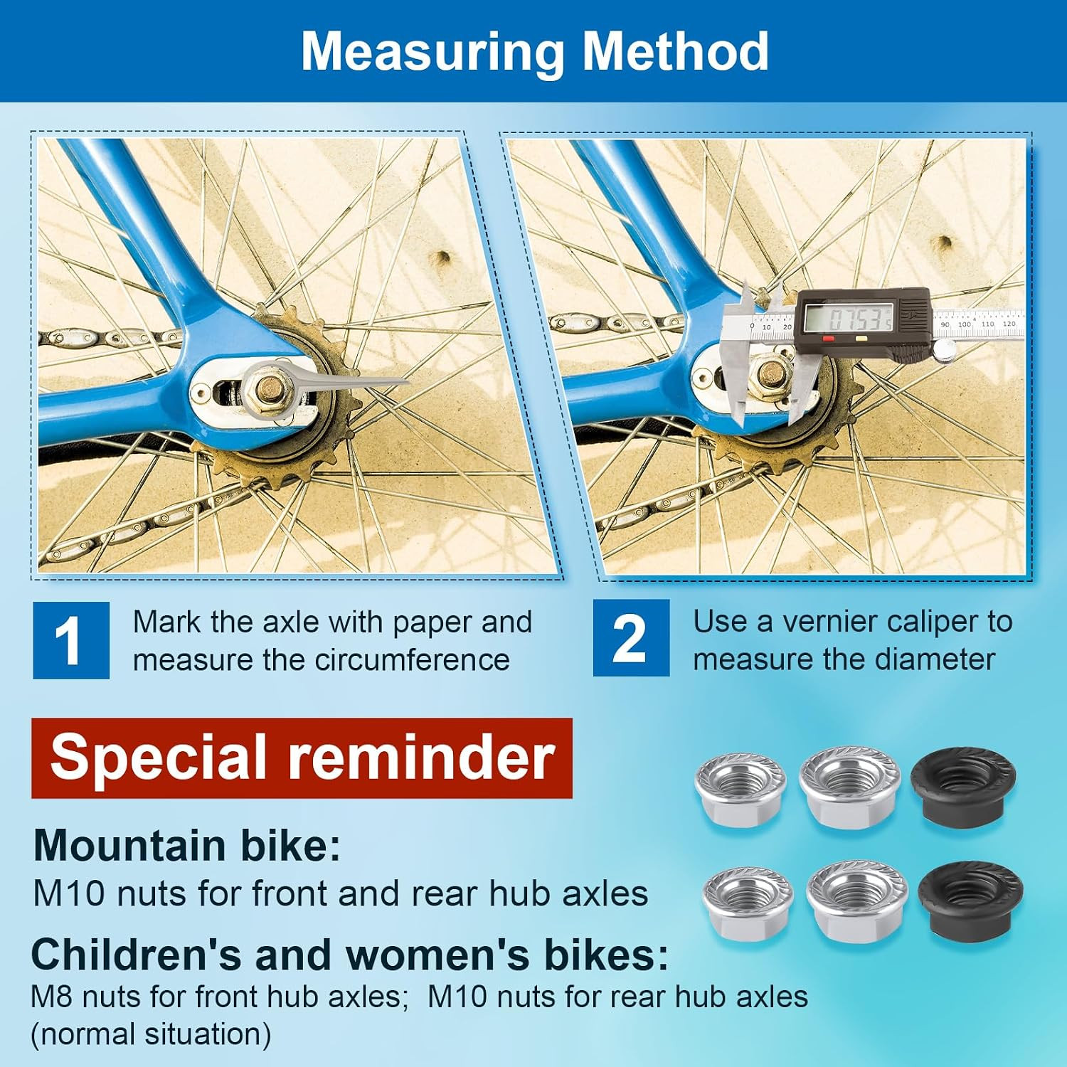 6Pcs Bike Wheel Axle Nut, M8 M9.5 M10 Bicycle Hub Flanged Axle Nut