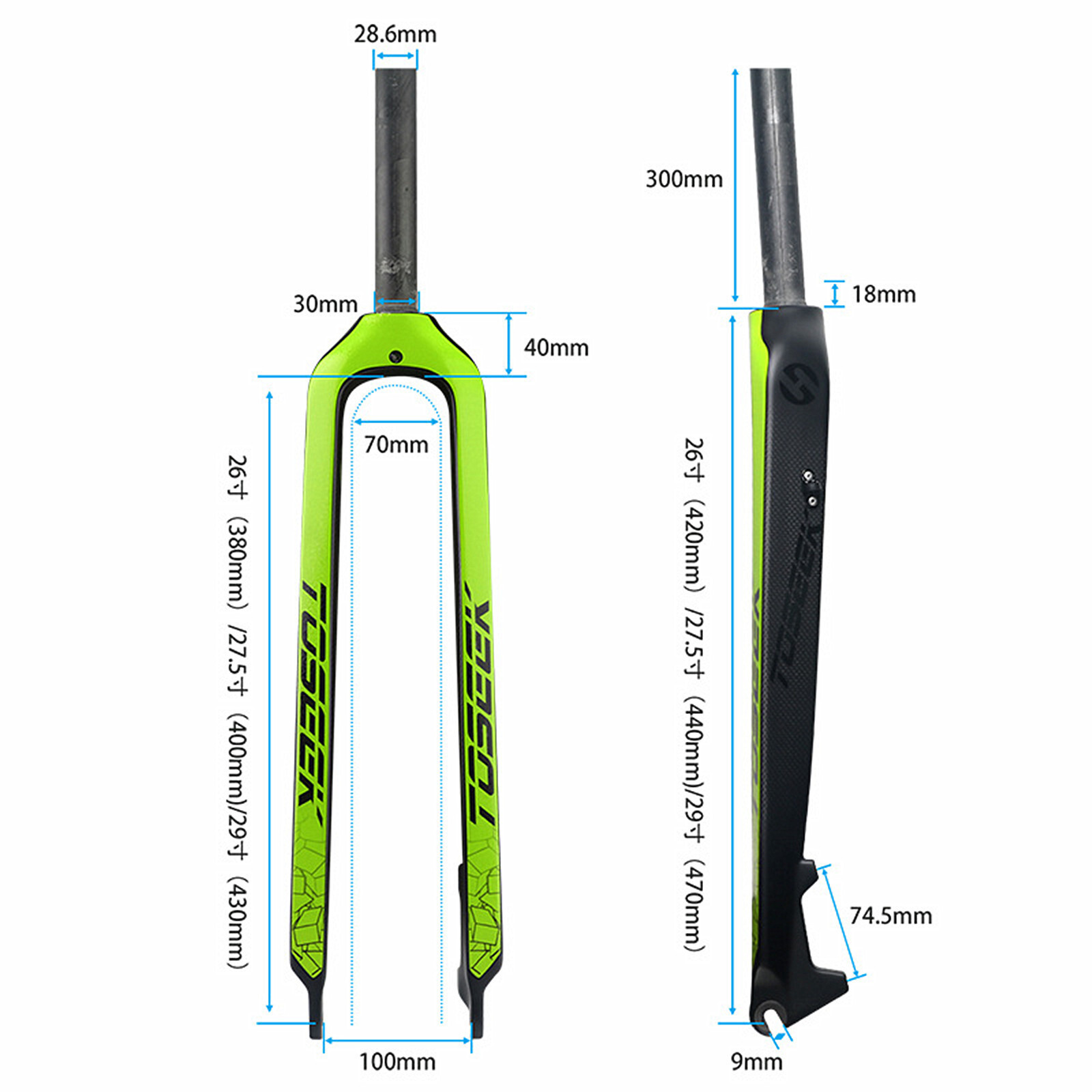 Tossek 1-1/8″ Full Carbon MTB Rigid Fork Disc Brake Straight Tube 26″/27.5″/29″