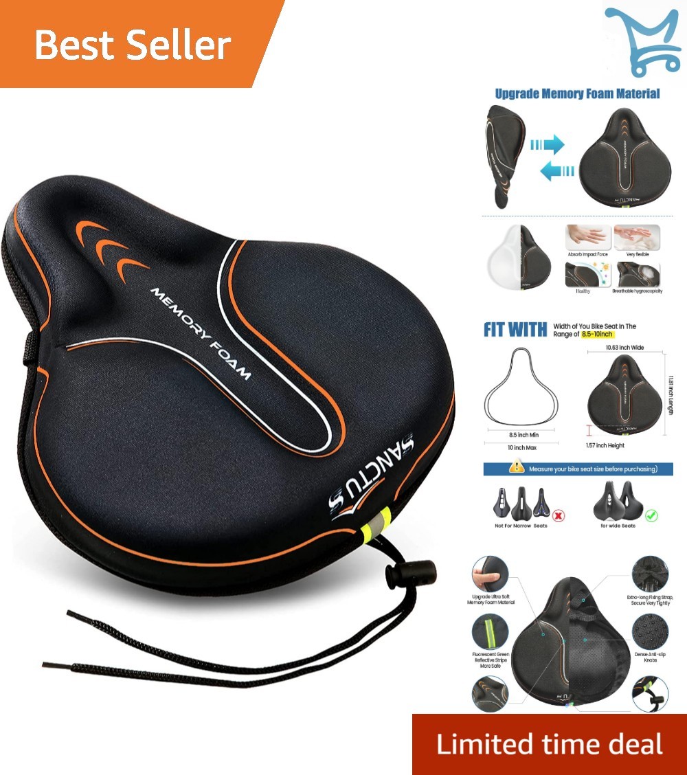 Bike Seat Cushion Cover Memory Foam Large Wide Waterproof Padded for Men Women