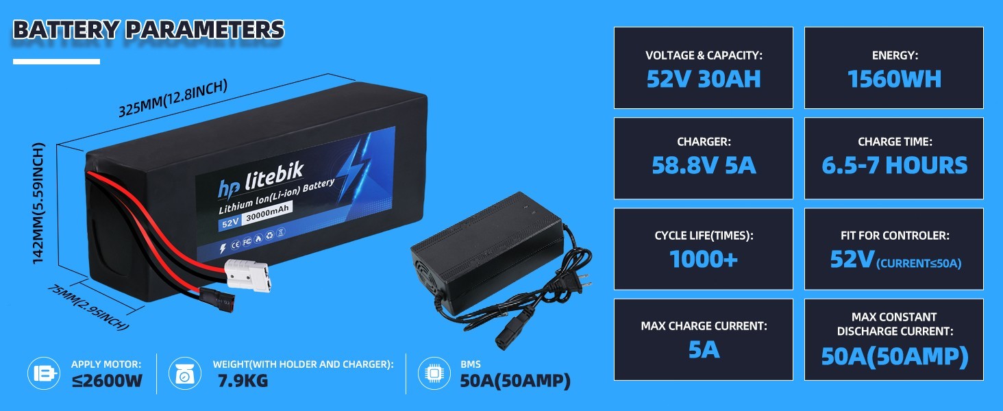 52V 30Ah Lithium Ebike Battery 50A for 0-2600W Electric Bike Scooter Motorcycle