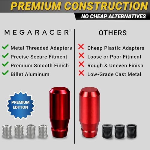 Premium Racing Shift Knob – 4 Metal Threaded Adapters, 4 5 6 Red Short Cylinder