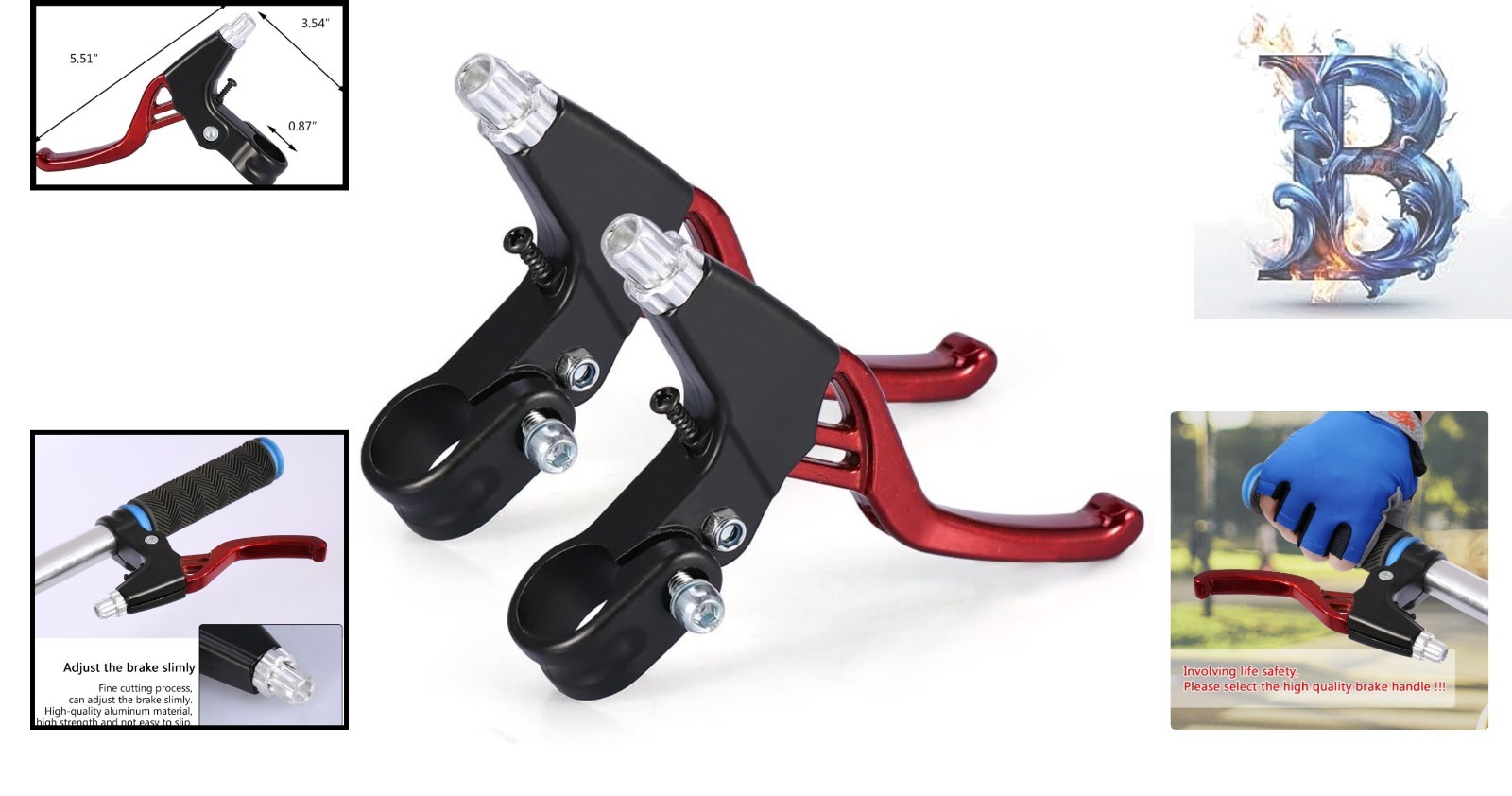 Ambidextrous Bicycle Brake Handle Set – Automatic Restoration – 6.3 inch – Red