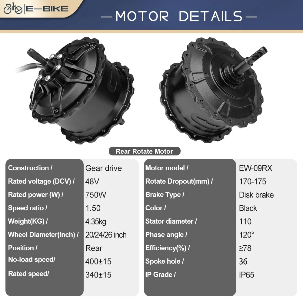 48V 750W E-Bike Electric Scooter Fat Tire Gear Rear Hub Motor 170-175mm Dropout