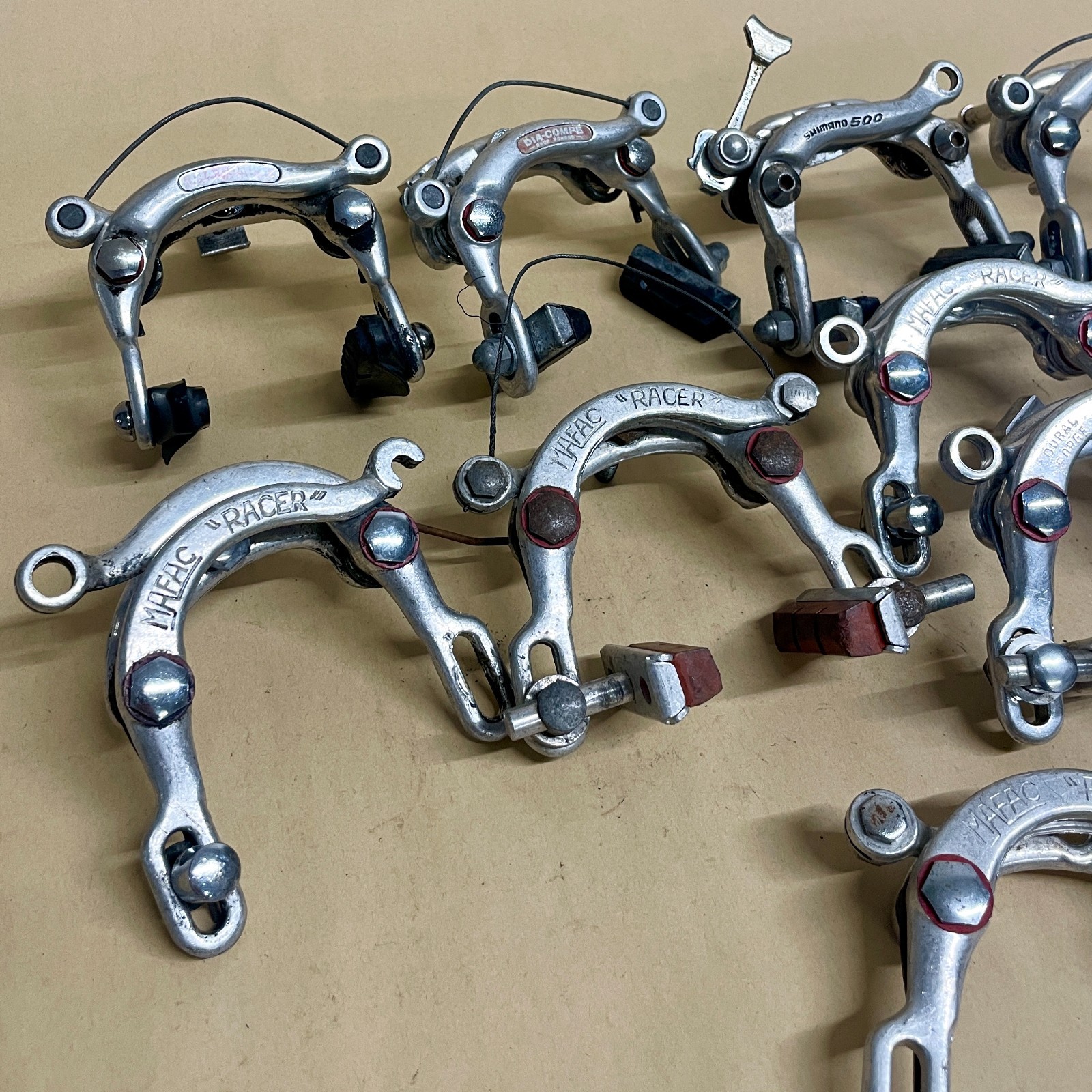 Lot of 10 Vintage Center Pull Brakes: Mafac, Dia-Compe, Shimano 500 – For Parts