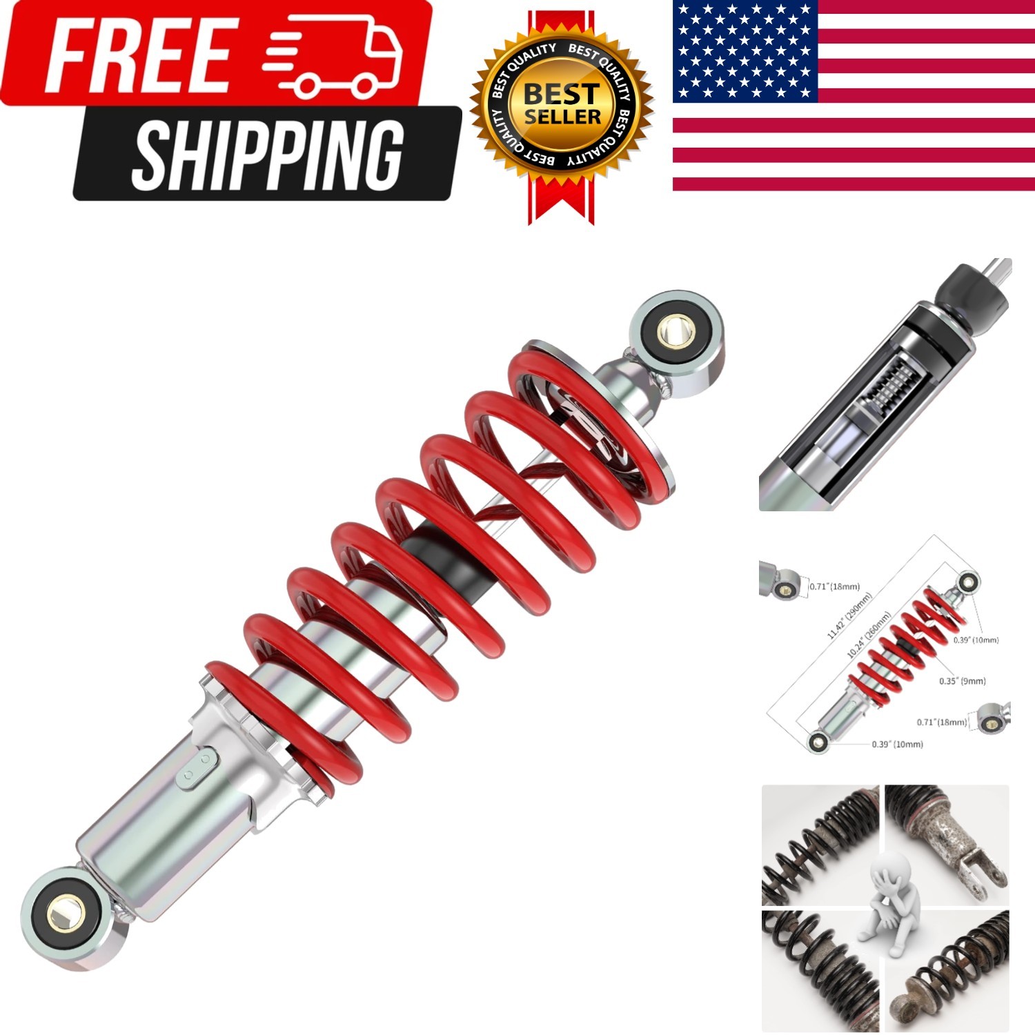 260mm Rear Shock, 10-1/4″ Mono Shock Adjustable Replacement for SDG SSR Lifan…