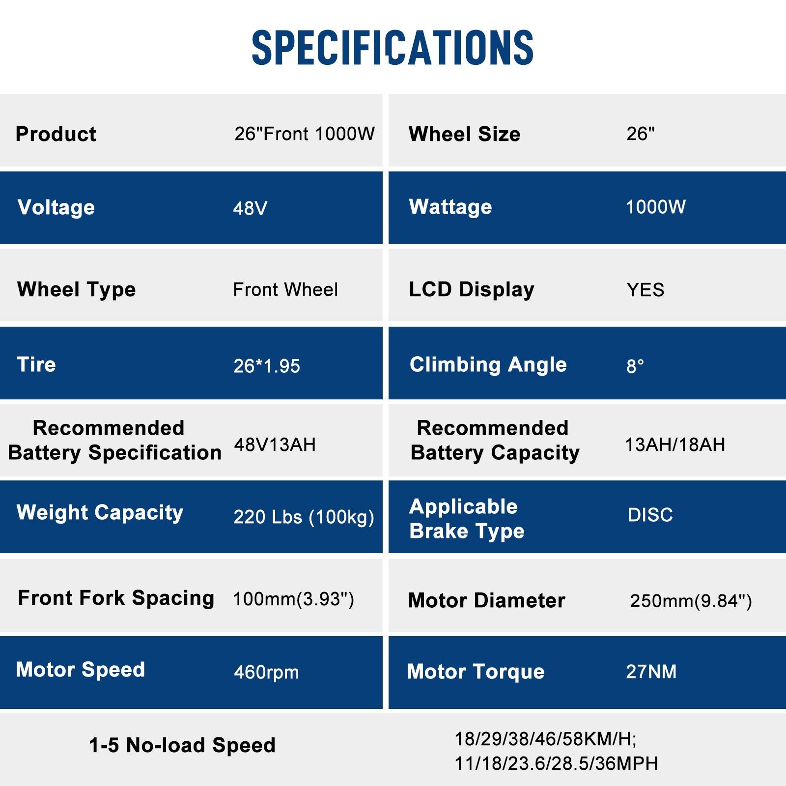 26 inch Front Wheel E-Bike Electric Bicycle Conversion Kit 48V 1000W Hub Motor