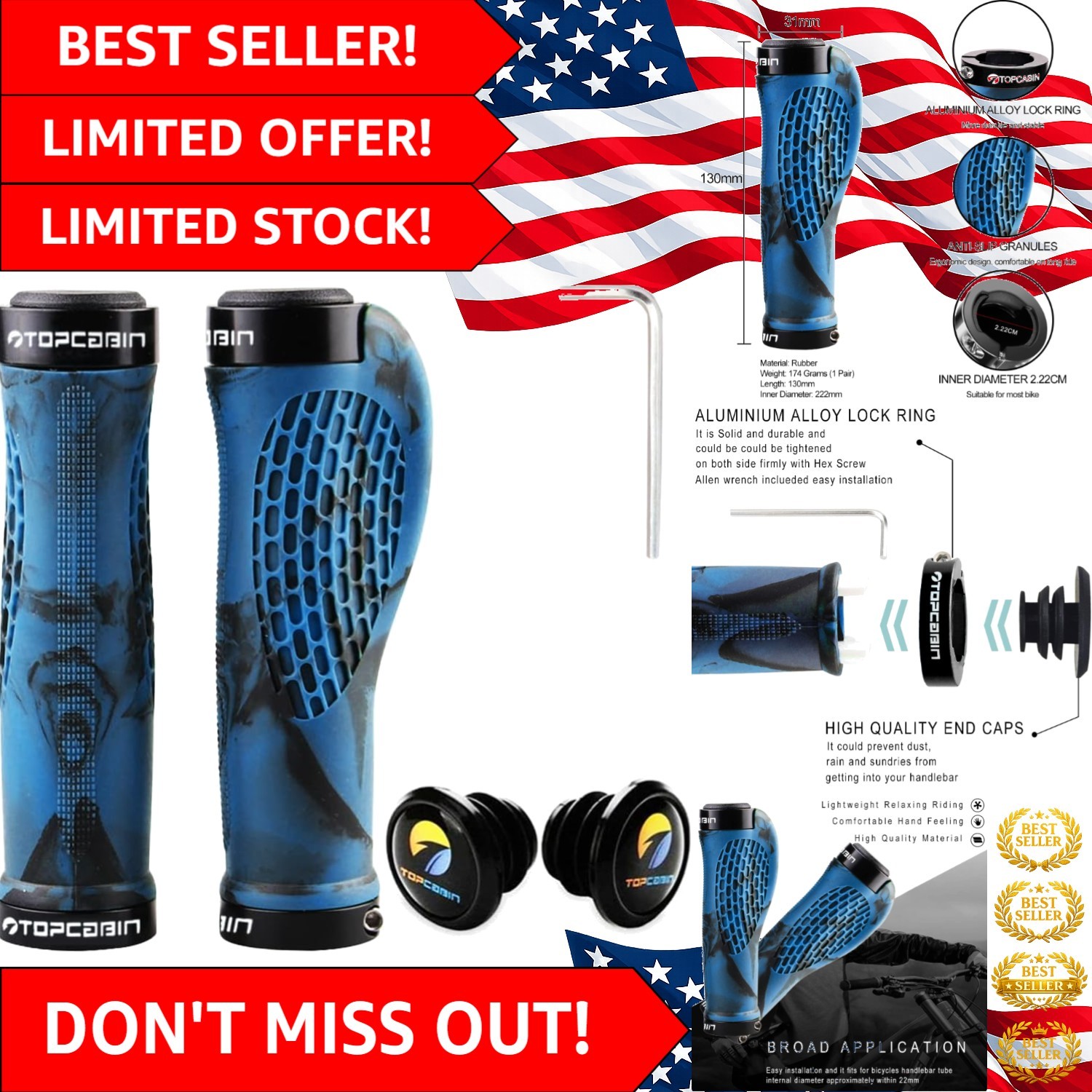 Lightweight Aluminum Lock Bike Grips – Ergonomic Blue Rubber for All Bicycles