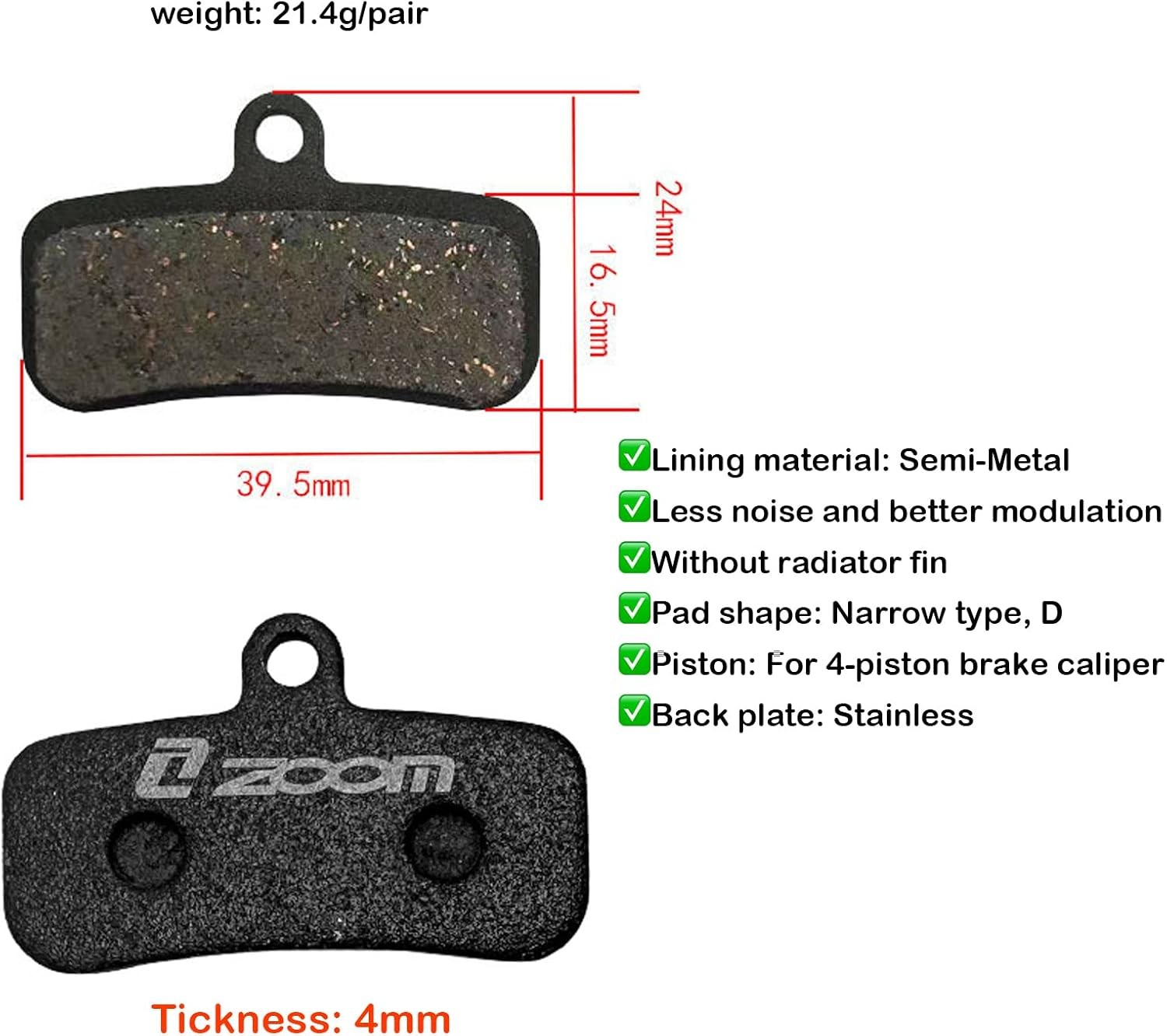 Zoom 4-Piston Semi-Metallic Brake Pads for Zoom HB876E XTR XT Surron SLX Saint