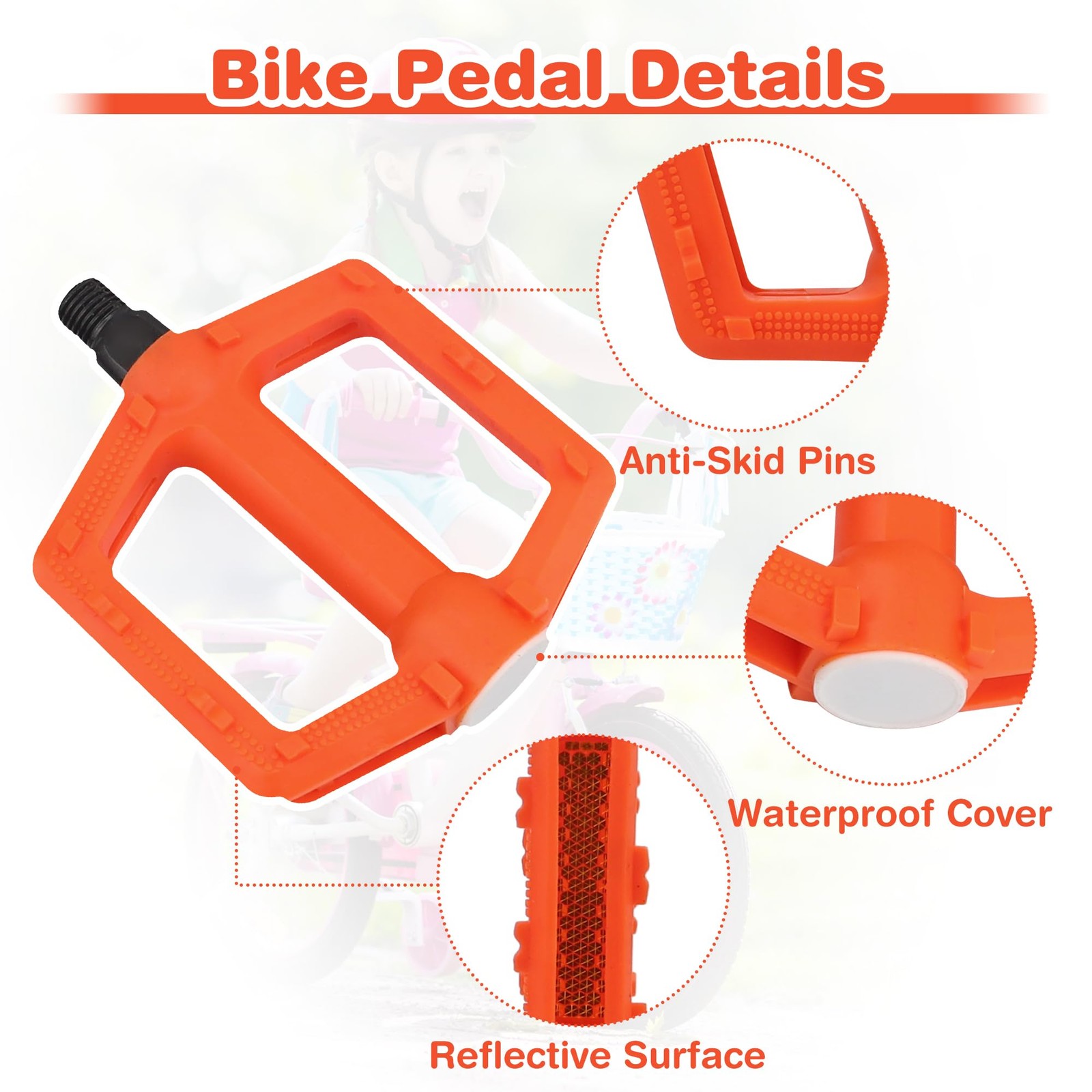 MEGHNA Kids Bike Pedal 1/2 inch Thread Universal Pedals Thread, Orange