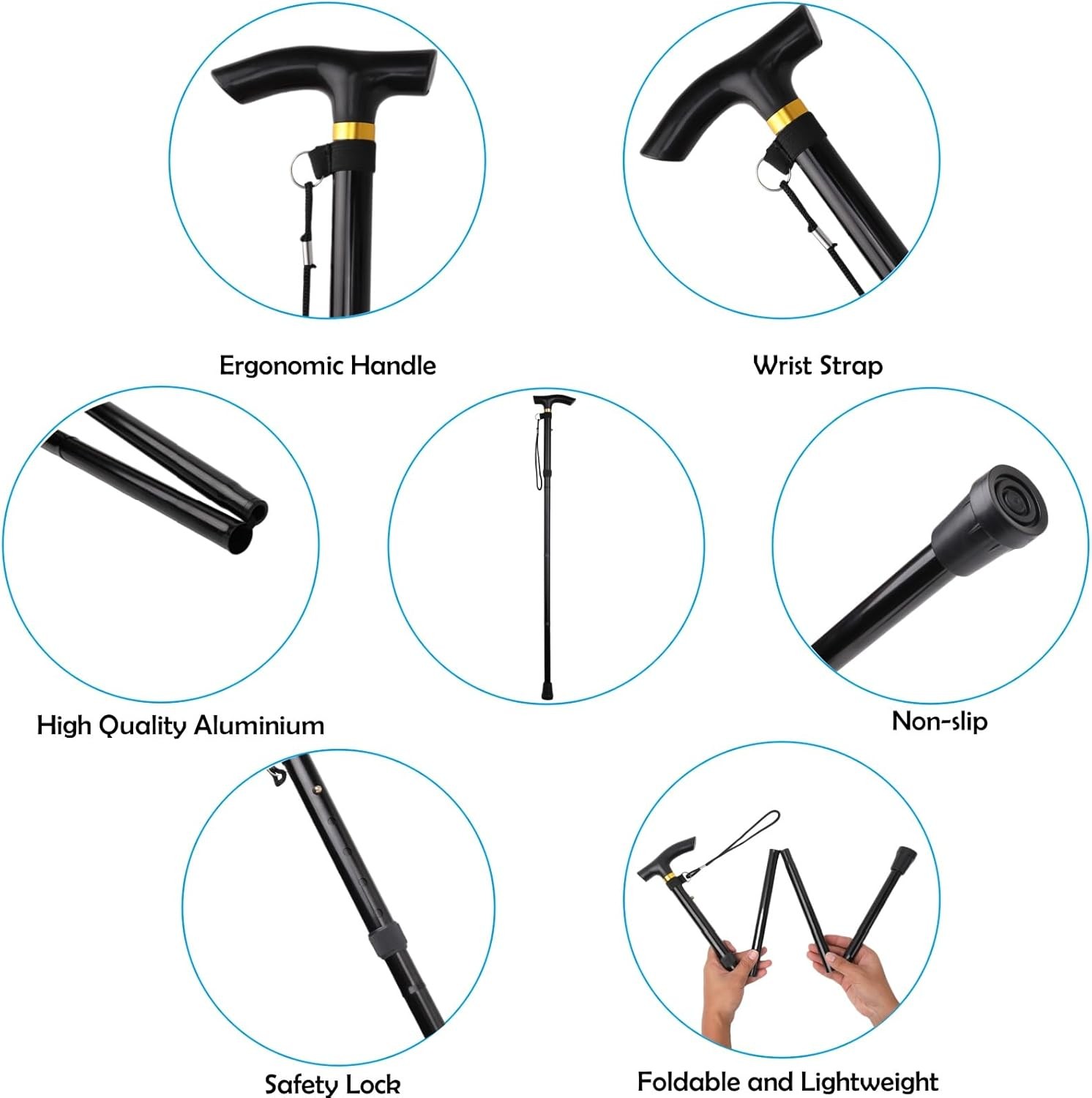 Folding Lightweight Walking Stick – Adjustable Aluminum Metal Blue
