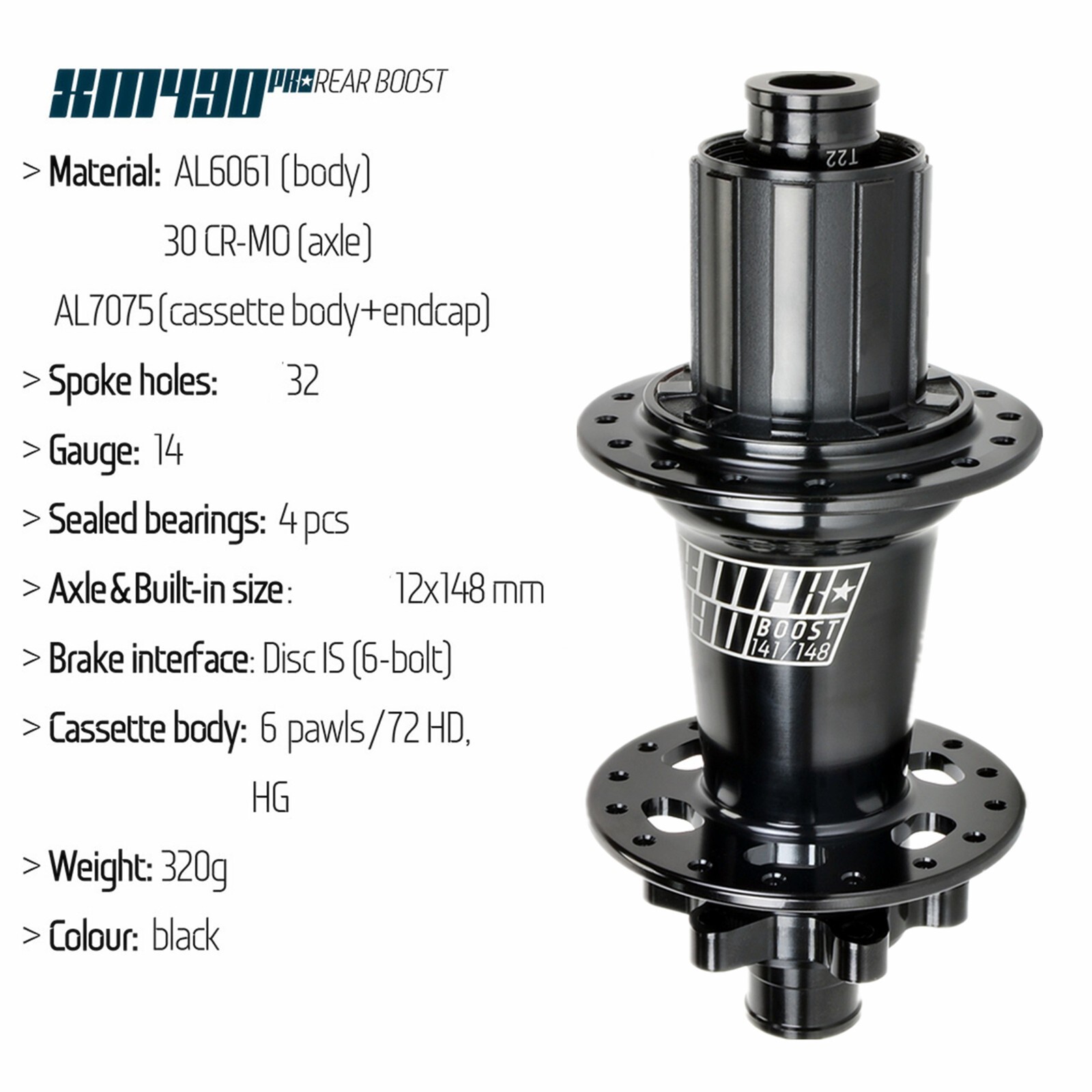 XM490 PRO Boost MTB Hub 32H 6 Bolt Thru Axle Disc Brake for 8-11S,12×148/15×110