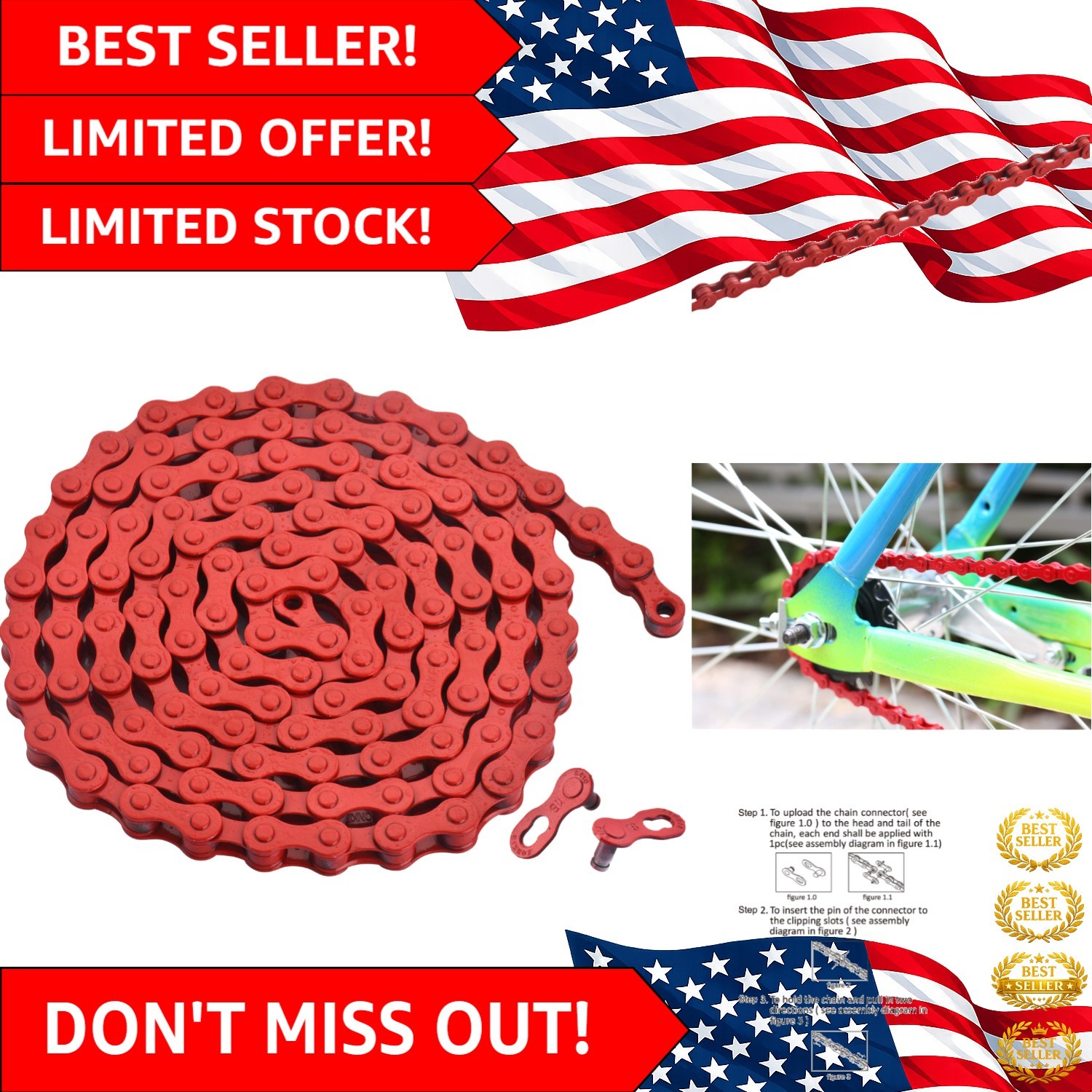 Stunning Red High Carbon Steel Bicycle Chain 1/2″ x 1/8″ for Singlespeed Bikes