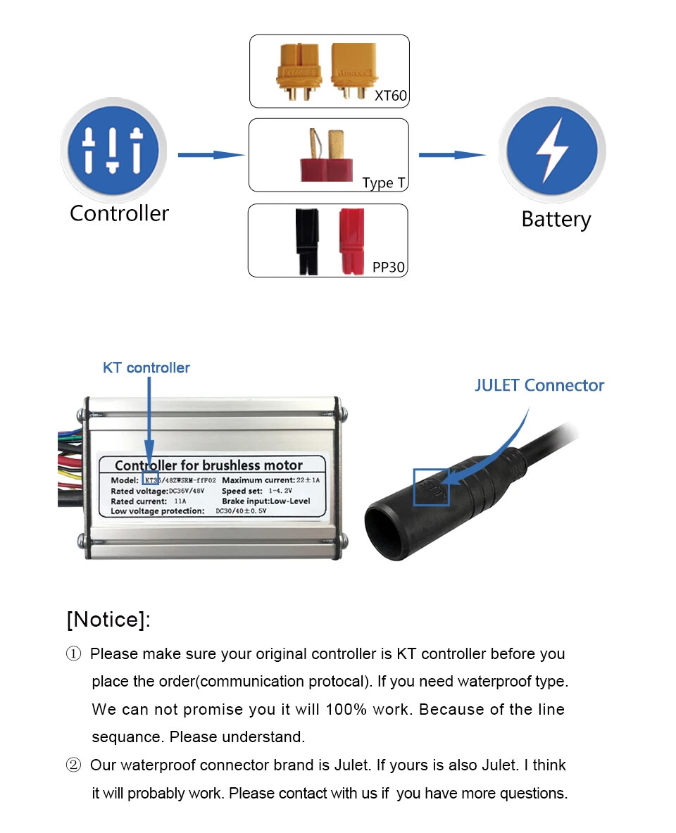 KT Controller 36V 48V 15A 250W 350W Waterproof E-bike Controller with Display