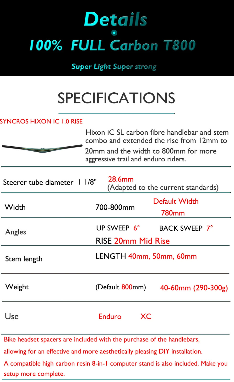 Carbon Fiber Mountain Bike Handlebar Stem 28.6mm 700-800mm 6°/7° 40-60mm