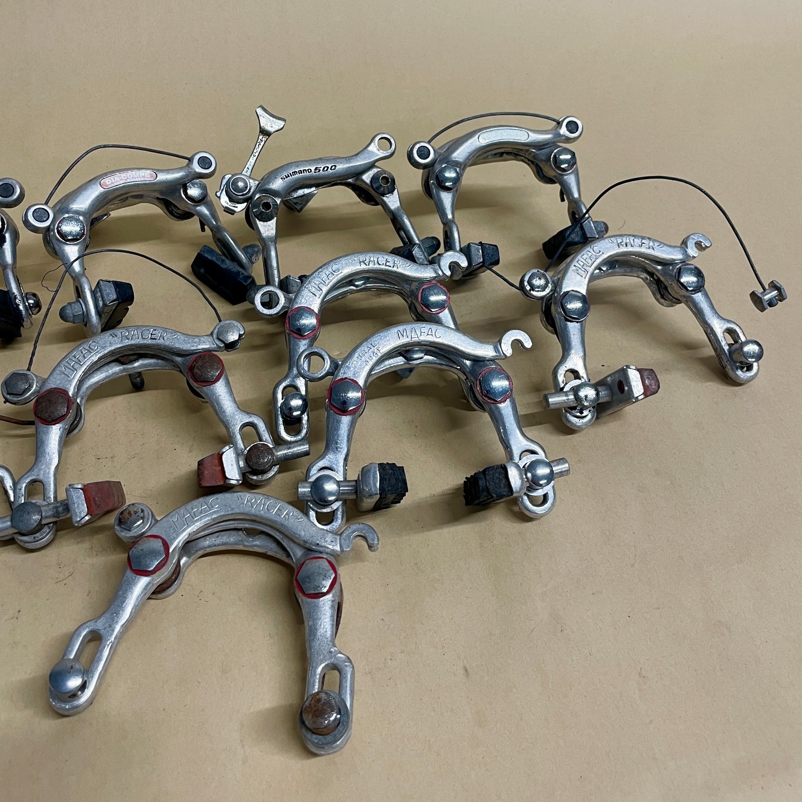 Lot of 10 Vintage Center Pull Brakes: Mafac, Dia-Compe, Shimano 500 – For Parts