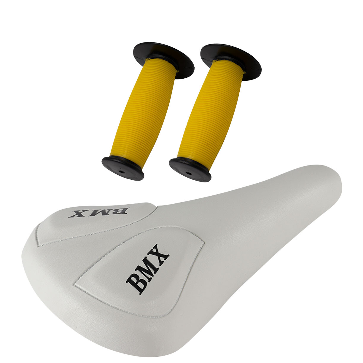 PRO+ White BMX Vinyl Saddle & Yellow/Black Mushroom Grips BMX BIKE