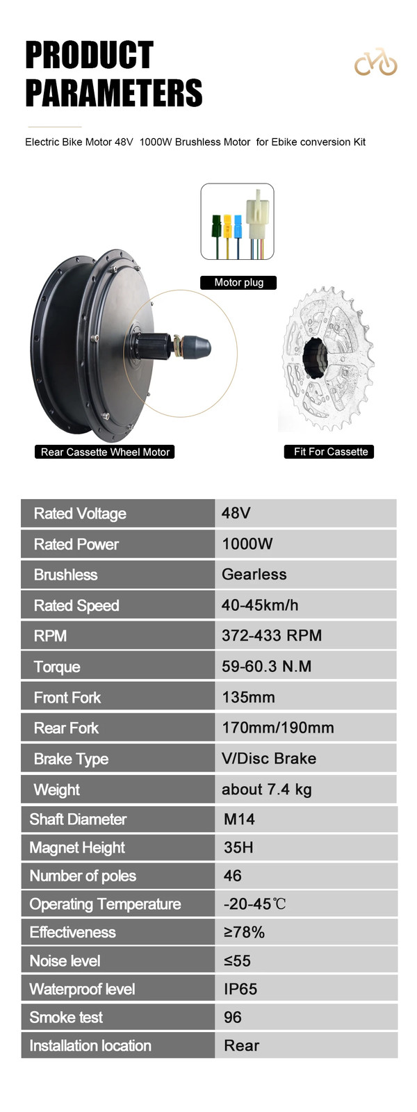 Electric Bicycle Conversion Kit 48V 1000W Rear Cassette 20/24/26er*4.0″
