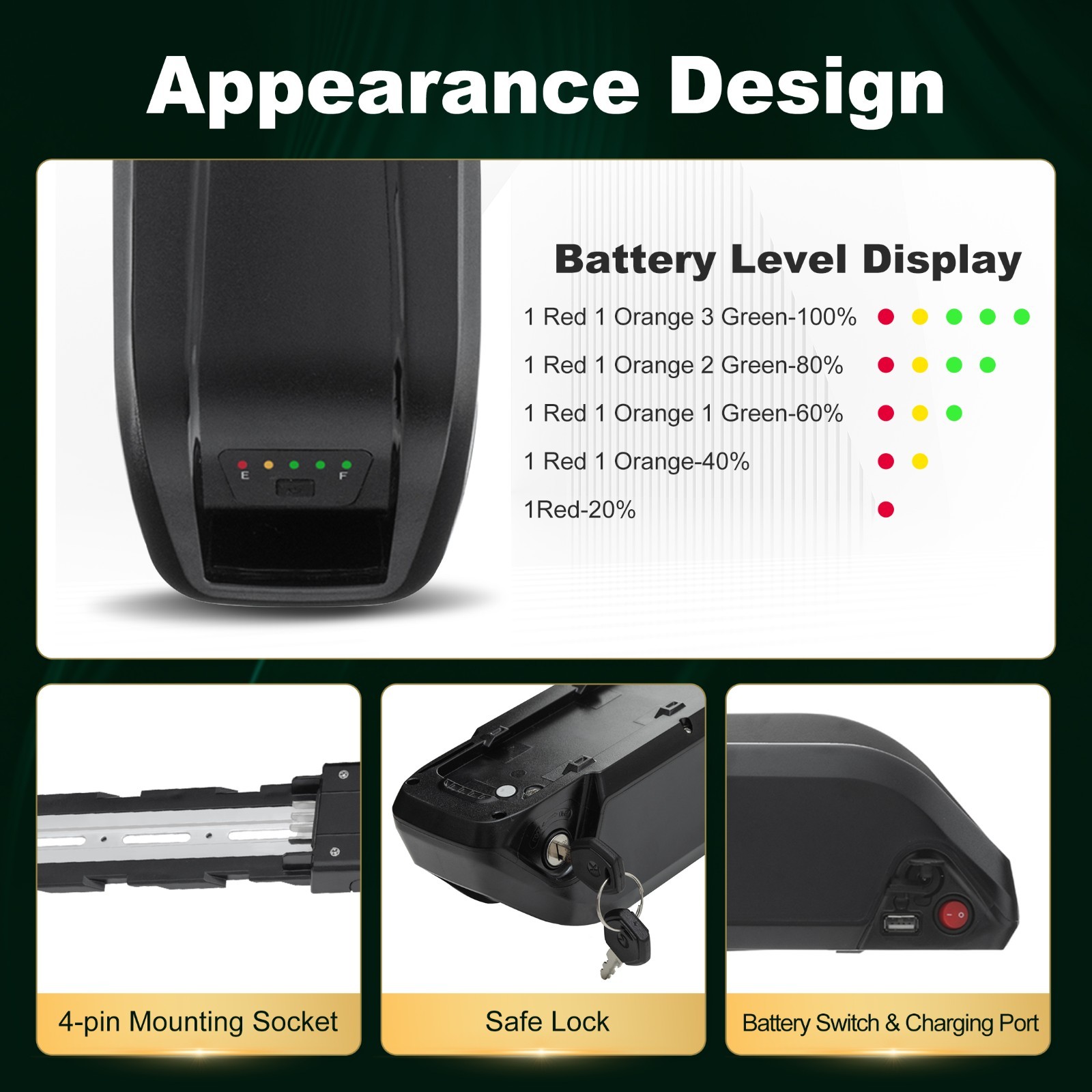 52V/48V/36V ebike battery lithium 4PIN for electric bicycle 200W-2000W Motors